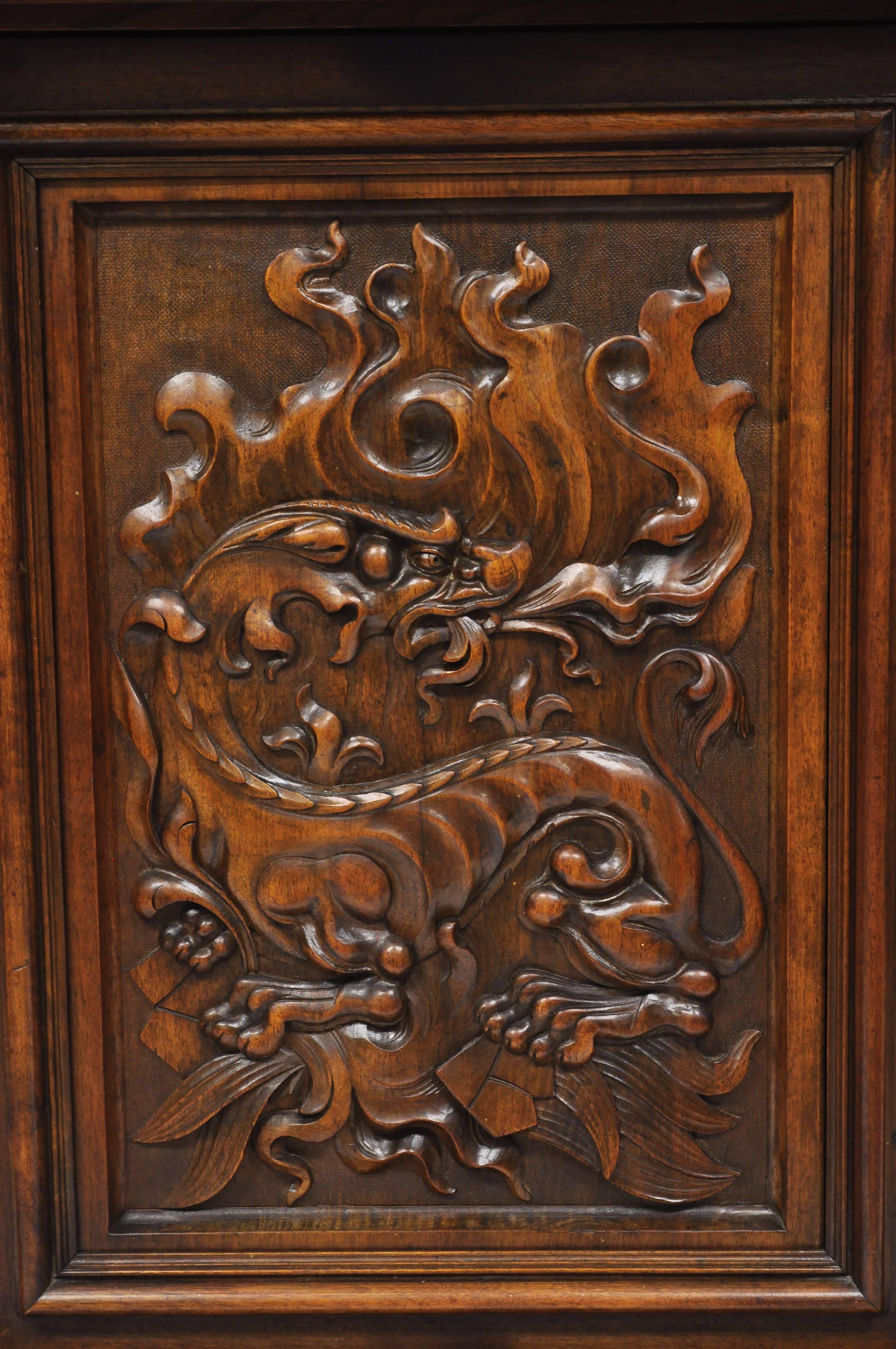 Gothic Revival Gothic Renaissance Revival Carved Walnut Dragon Griffin Sideboard Hutch Cabinet For Sale