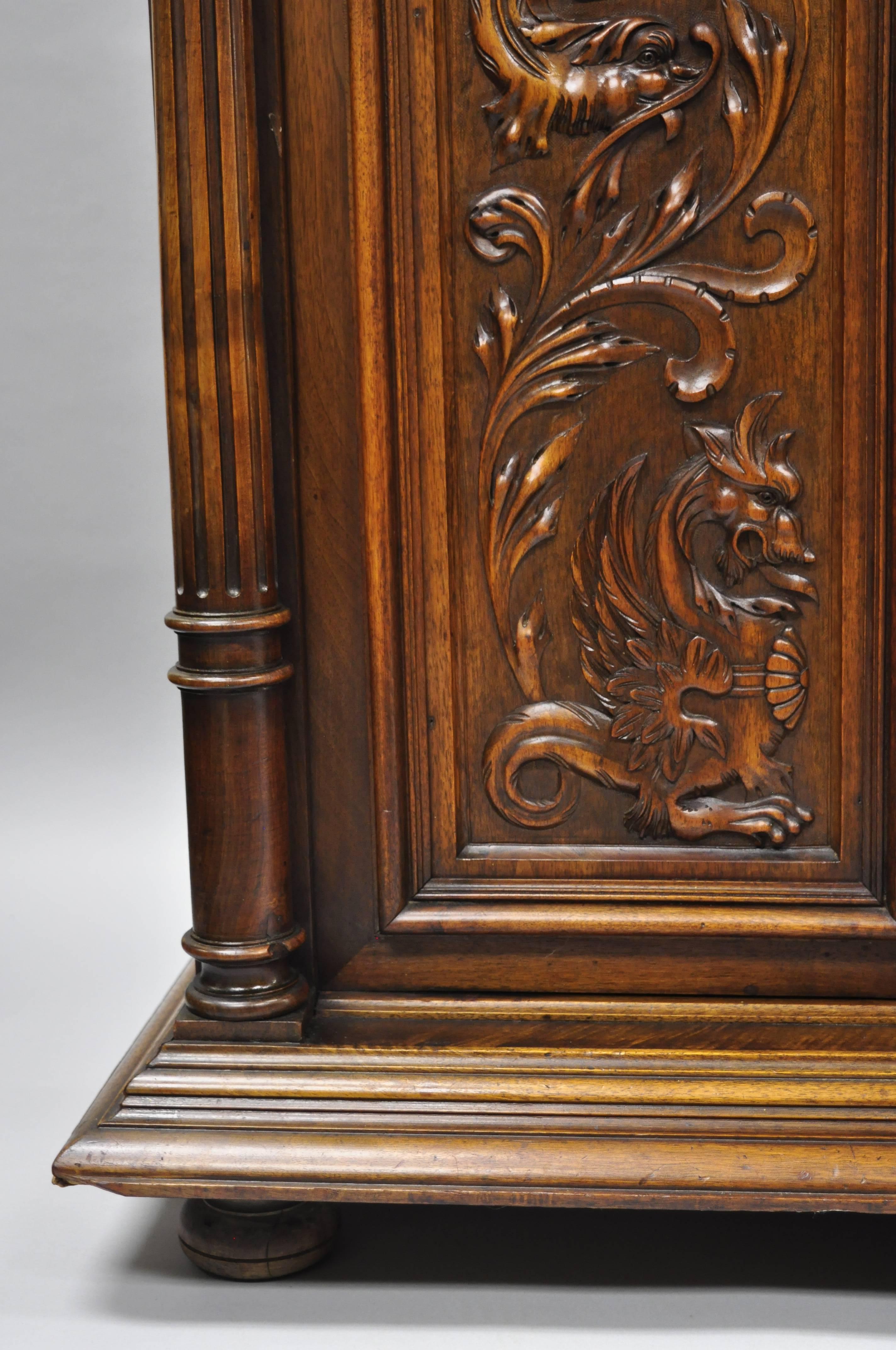 European Gothic Renaissance Revival Carved Walnut Dragon Griffin Sideboard Hutch Cabinet For Sale