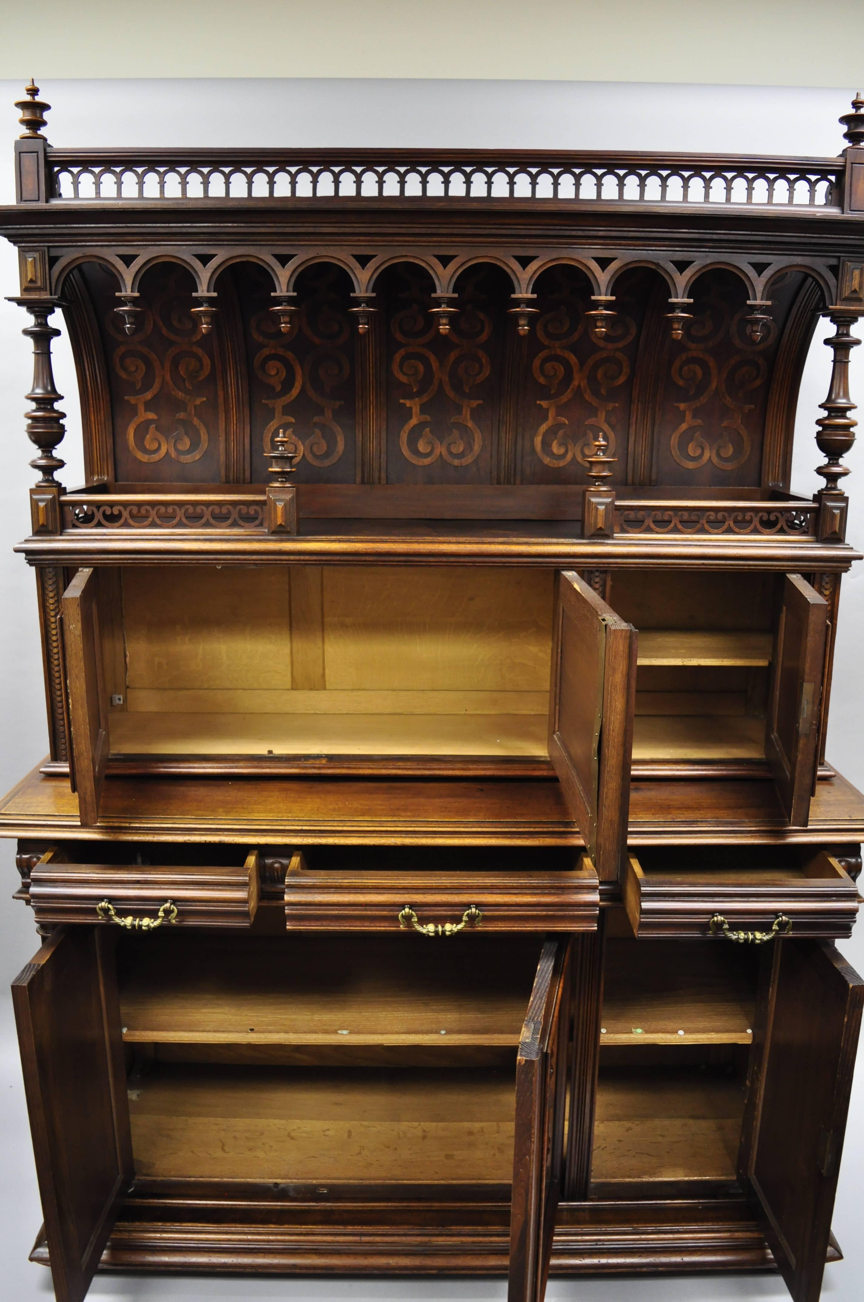 Gothic Renaissance Revival Carved Walnut Dragon Griffin Sideboard Hutch Cabinet In Good Condition For Sale In Philadelphia, PA