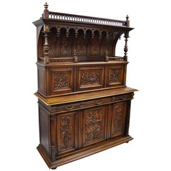 Used Gothic Renaissance Revival Carved Walnut Dragon Griffin Sideboard Hutch Cabinet