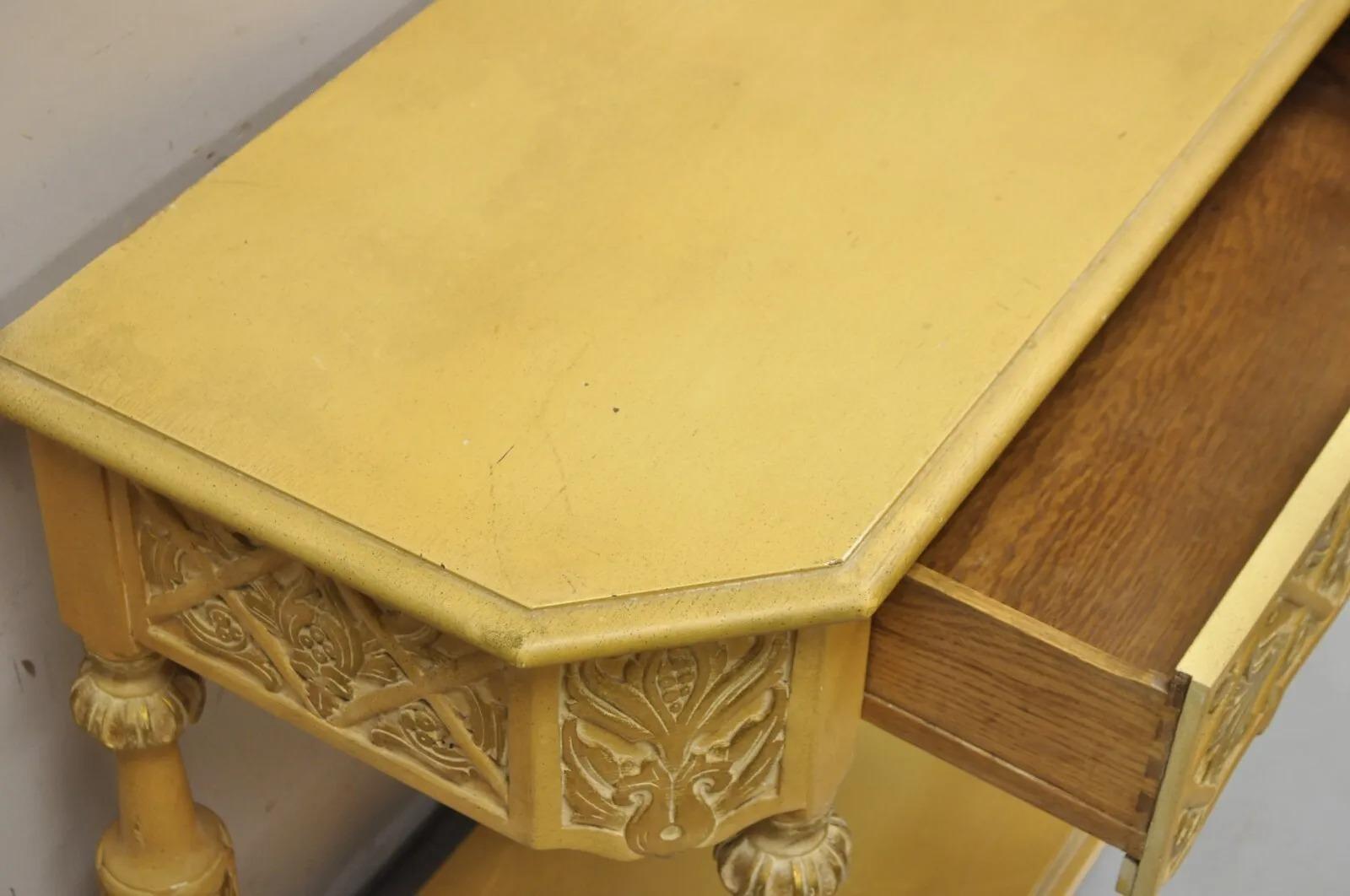 Gothic Renaissance Revival Painted Hall Altar Console Table Chair Set - 4 Pc Set For Sale 6