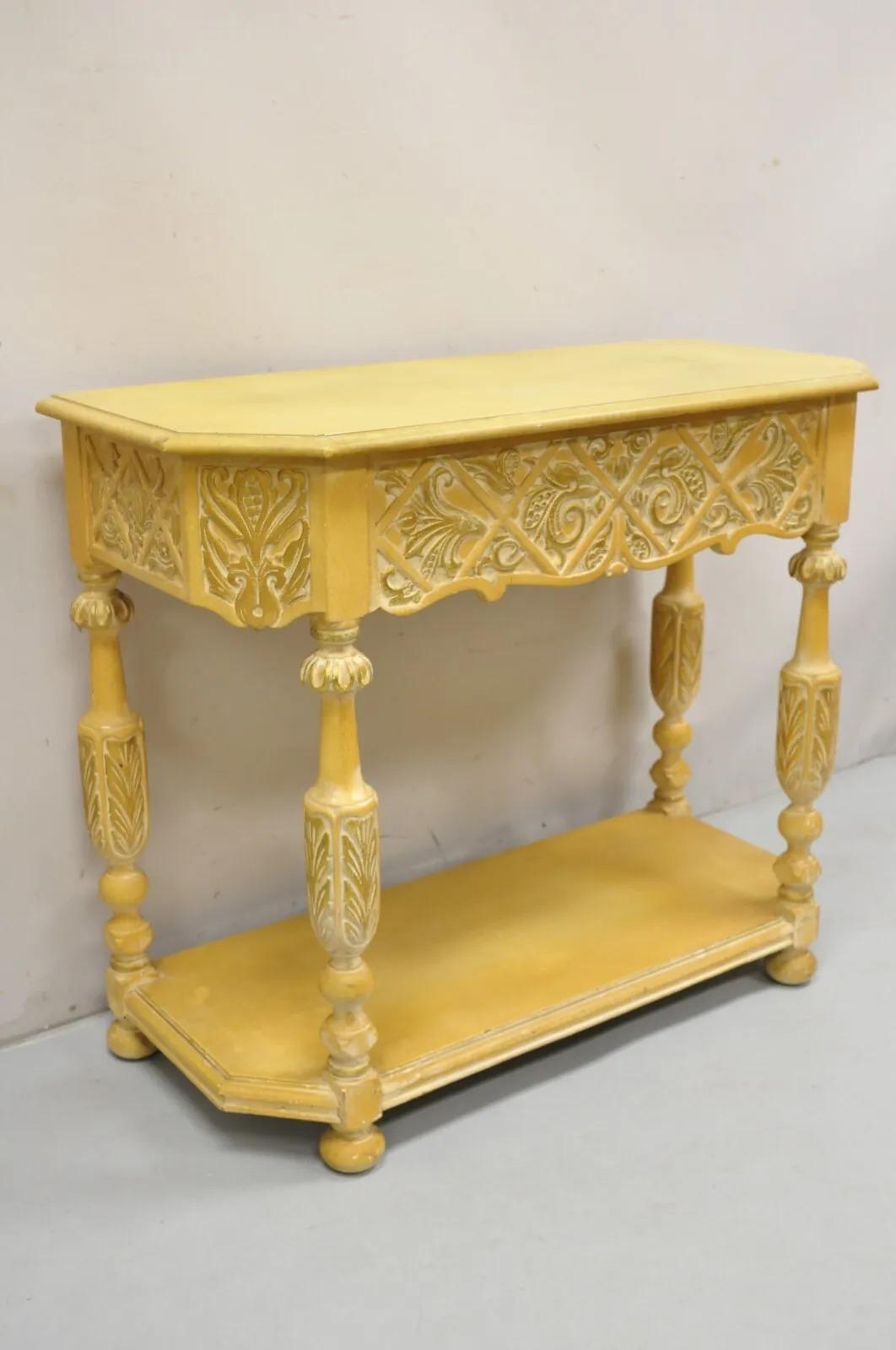 Gothic Renaissance Revival Painted Hall Altar Console Table Chair Set - 4 Pc Set For Sale 11