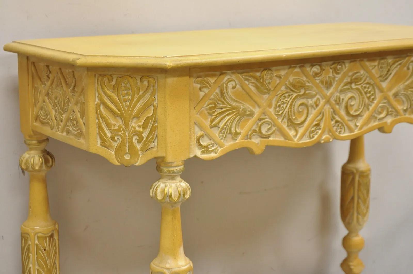 Gothic Renaissance Revival Painted Hall Altar Console Table Chair Set - 4 Pc Set For Sale 1
