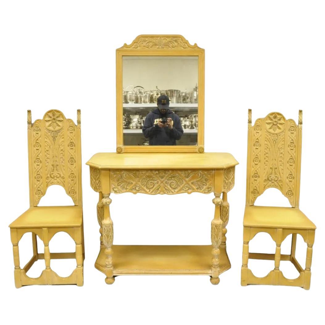 Gothic Renaissance Revival Painted Hall Altar Console Table Chair Set - 4 Pc Set For Sale