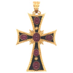 Gothic Revival 18 Karat Yellow Gold Large Ruby Cross Pendant