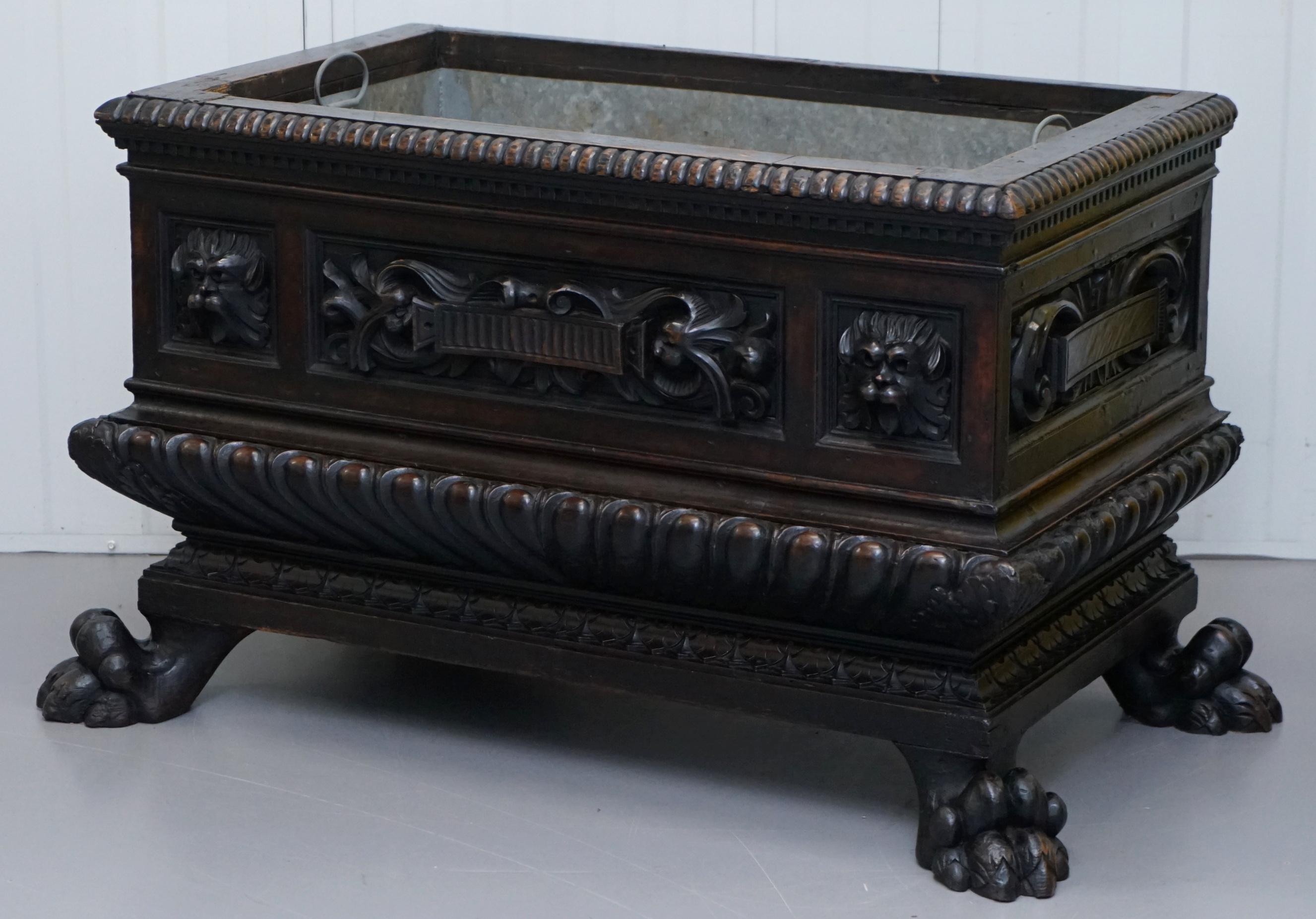 English Gothic Revival 1840 Carved Wood Huge Wine Cooler Planter Lion Hairy Paw Feet For Sale