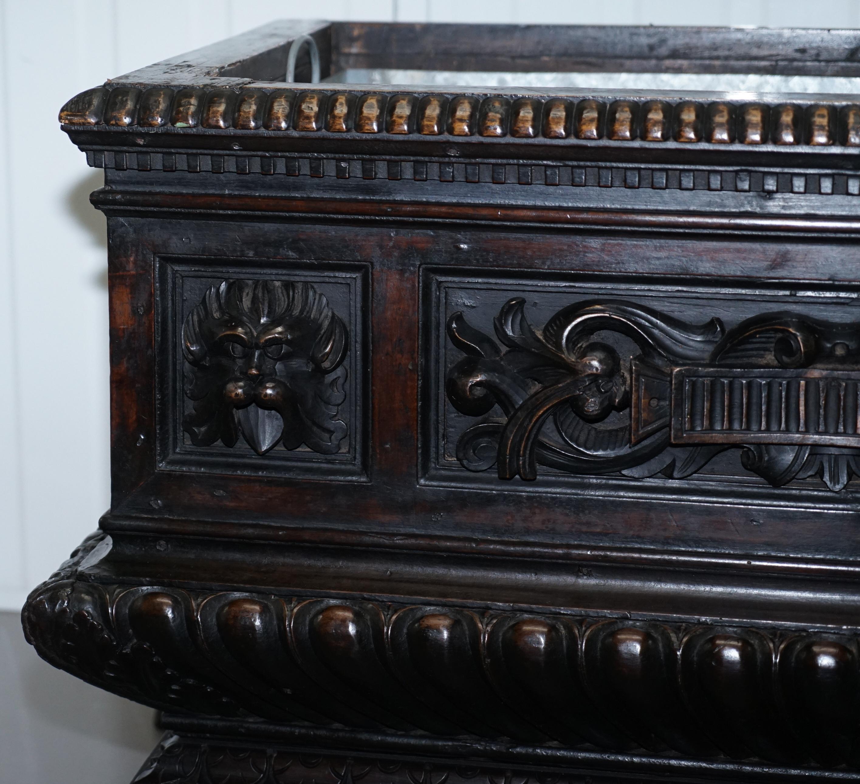Mid-19th Century Gothic Revival 1840 Carved Wood Huge Wine Cooler Planter Lion Hairy Paw Feet For Sale