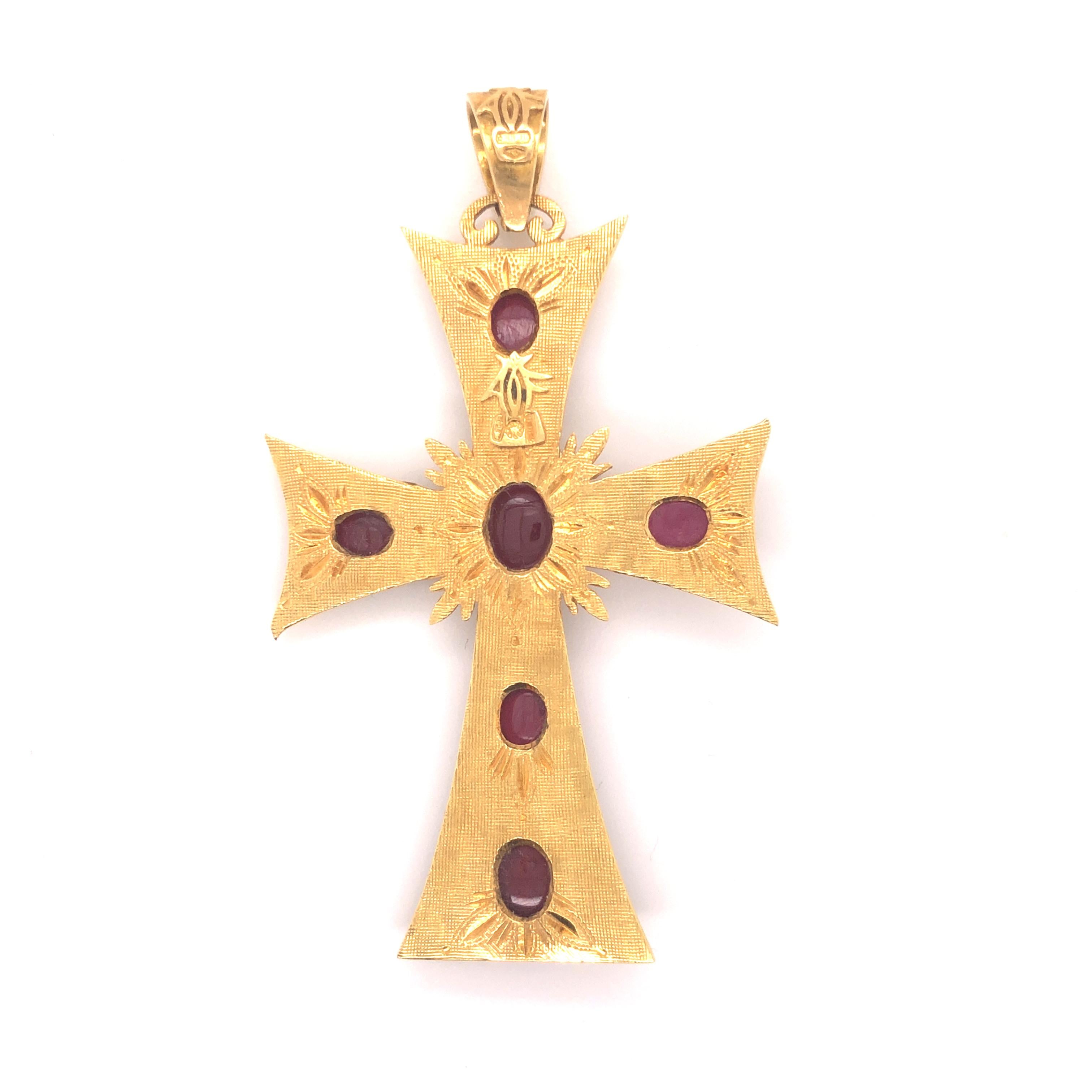 Cabochon Gothic Revival 18 Karat Yellow Gold Large Ruby Cross Pendant