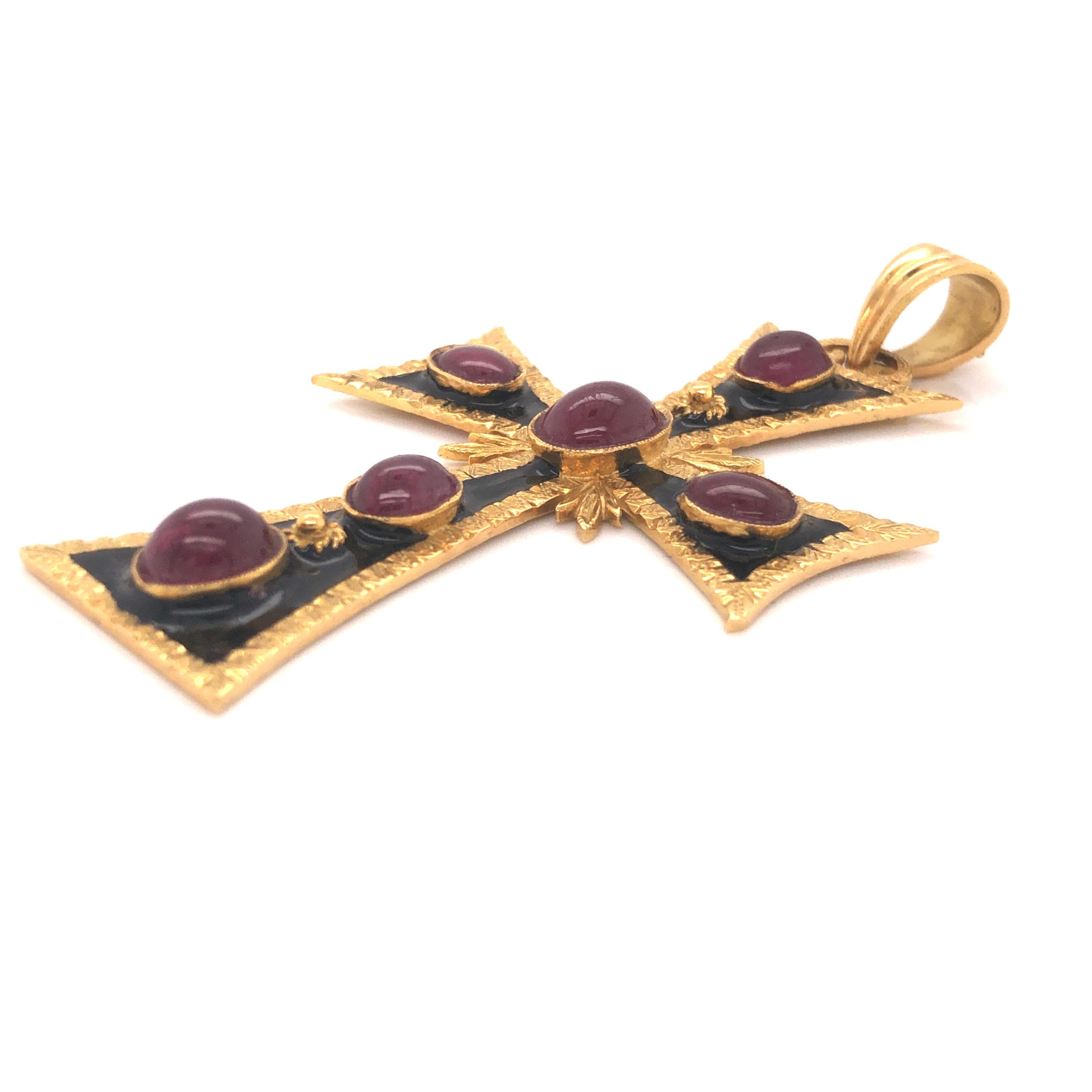 Gothic Revival 18 Karat Yellow Gold Large Ruby Cross Pendant In Excellent Condition In MIAMI, FL