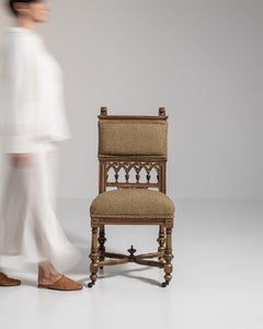 Gothic Revival Accent Chair, Brown Wood & Fabric, Antique, 1880s
