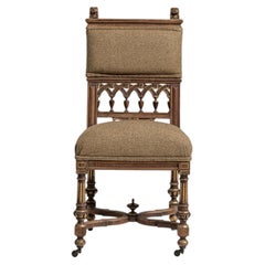 Gothic Revival Accent Chair, Brown Wood & Fabric, Antique, 1880s