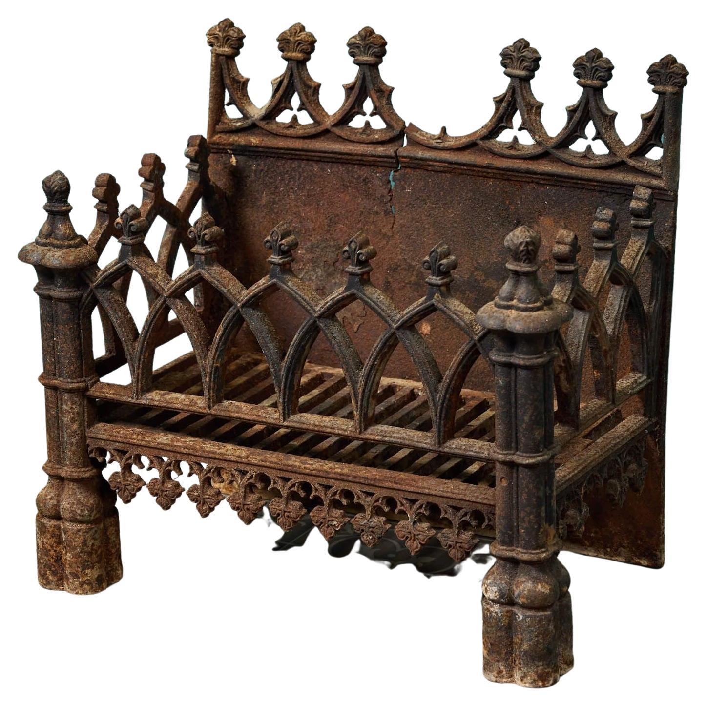 Gothic Revival Antique Cast Iron Fire Grate For Sale