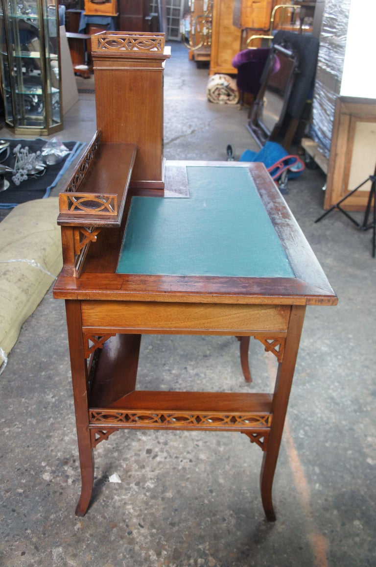 Gothic Revival Antique German Writing Desk Green Vinyl Top Pierced Fretwork at 1stDibs