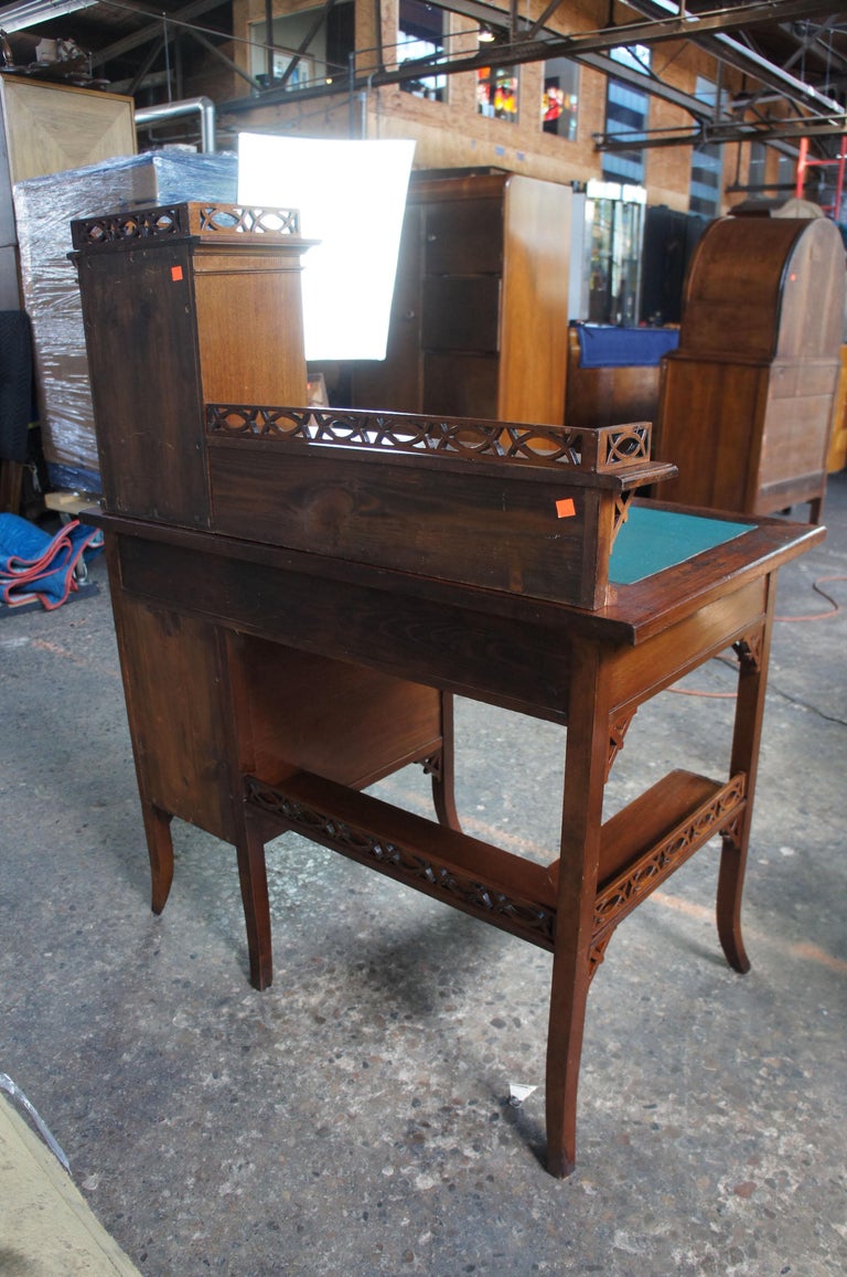 Gothic Revival Antique German Writing Desk Green Vinyl Top Pierced Fretwork at 1stDibs
