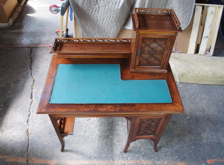 Gothic Revival Antique German Writing Desk Green Vinyl Top Pierced Fretwork at 1stDibs