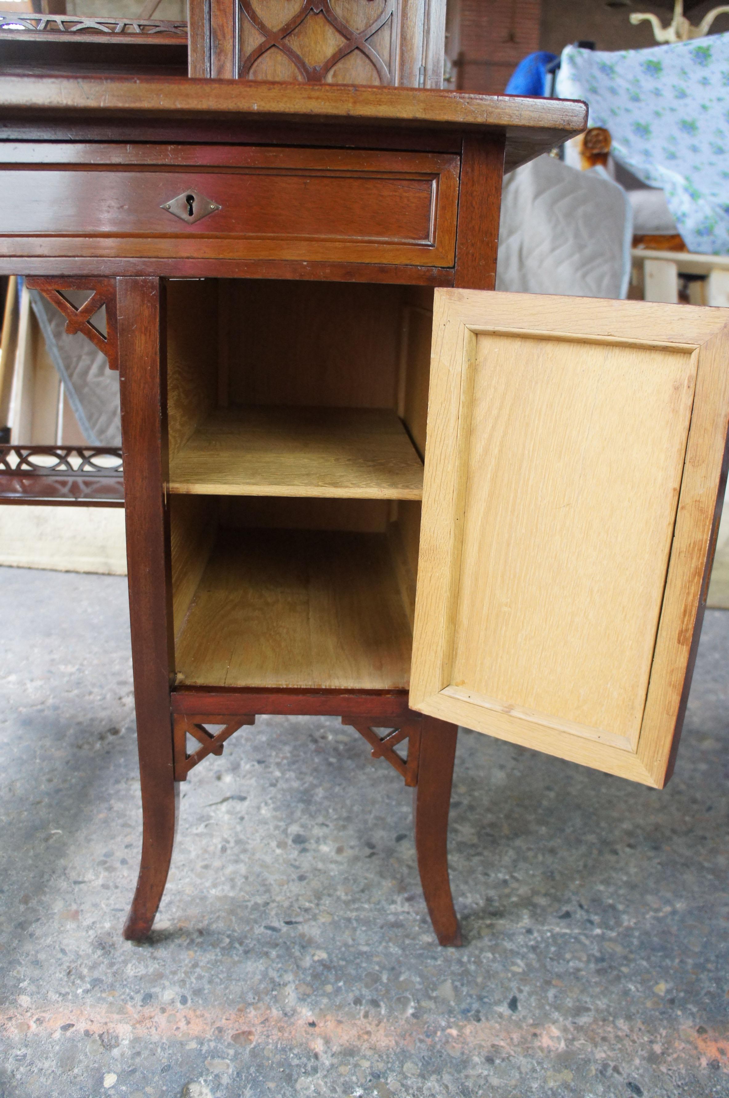 Gothic Revival Antique German Writing Desk Green Vinyl Top Pierced Fretwork In Good Condition In Dayton, OH