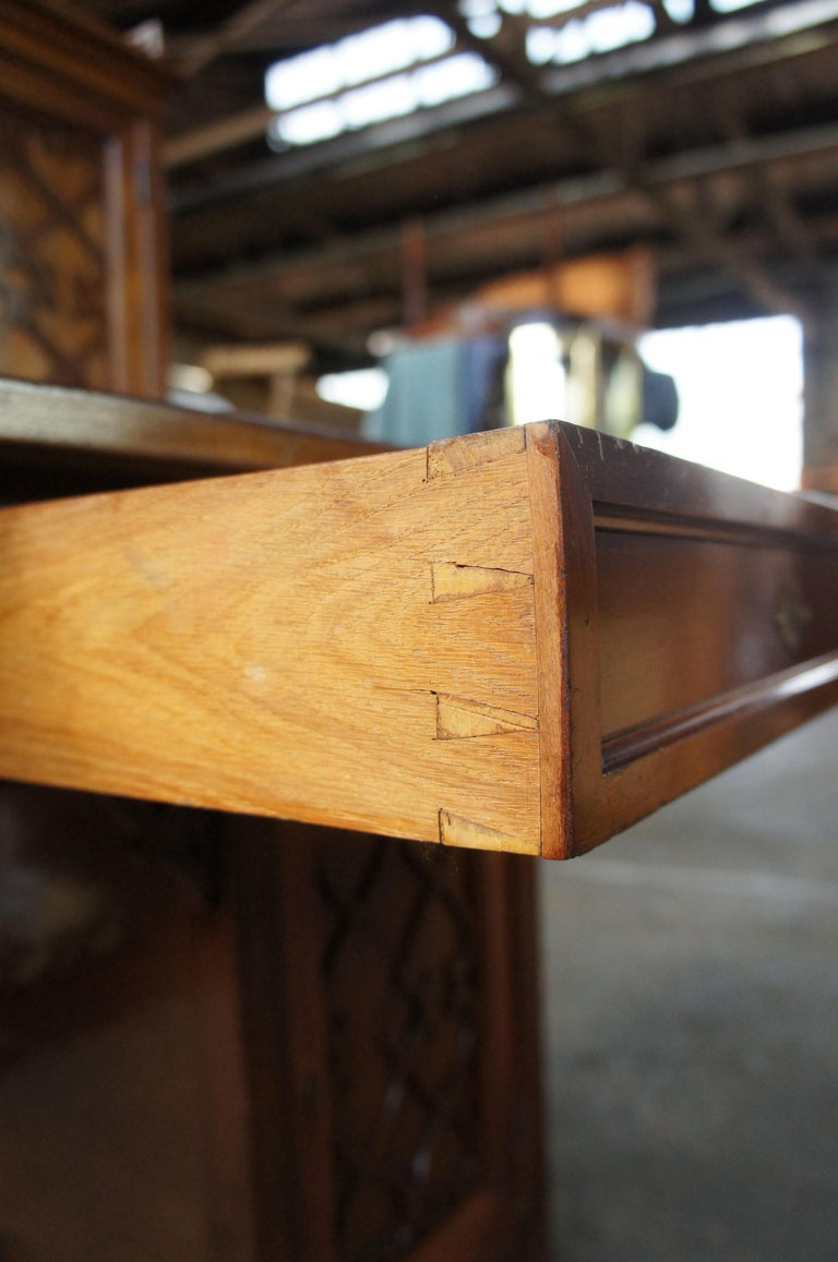 Gothic Revival Antique German Writing Desk Green Vinyl Top Pierced Fretwork at 1stDibs