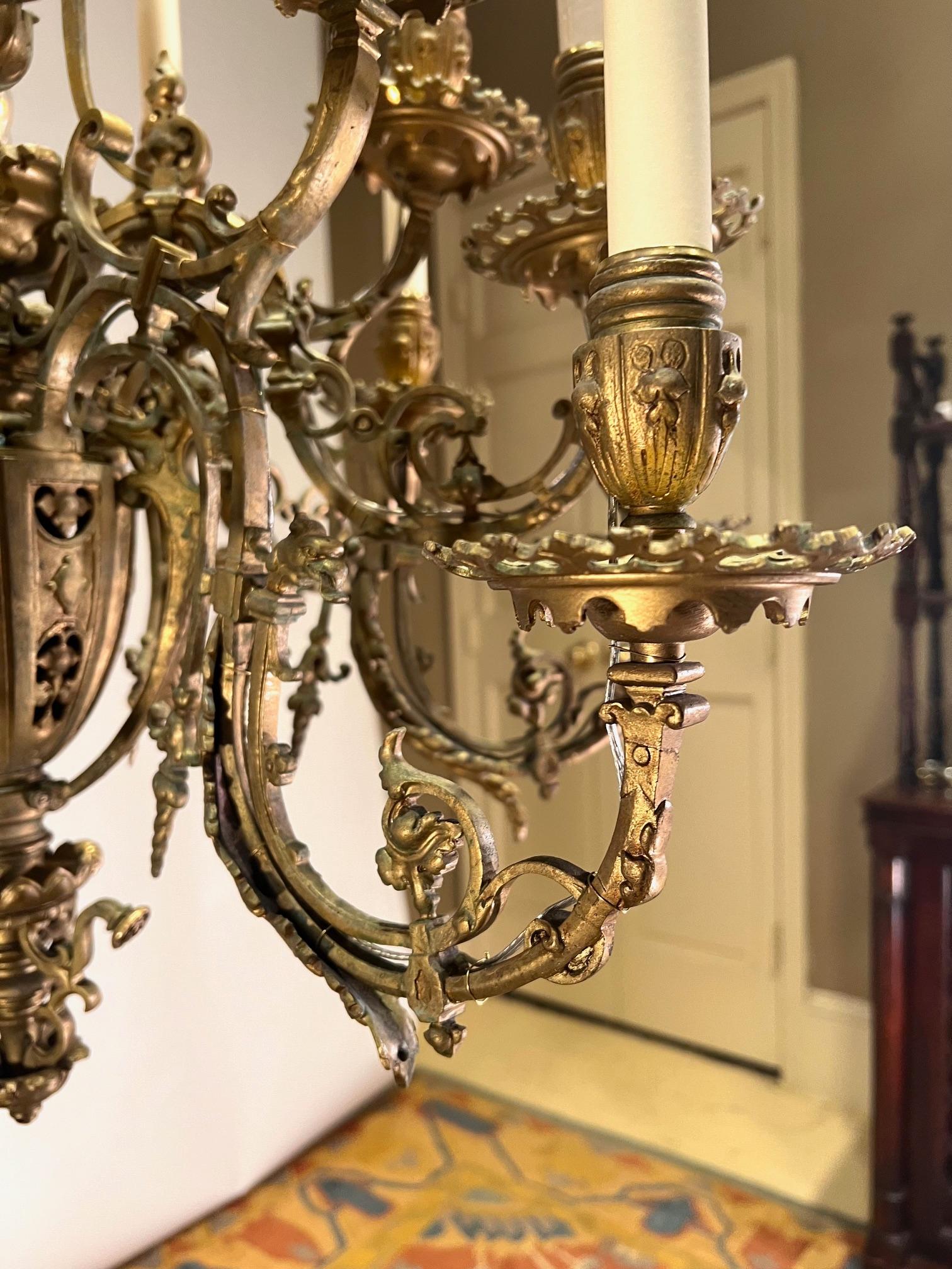 Gothic Revival Brass 18-Arm Chandelier, France, Circa:1880 4