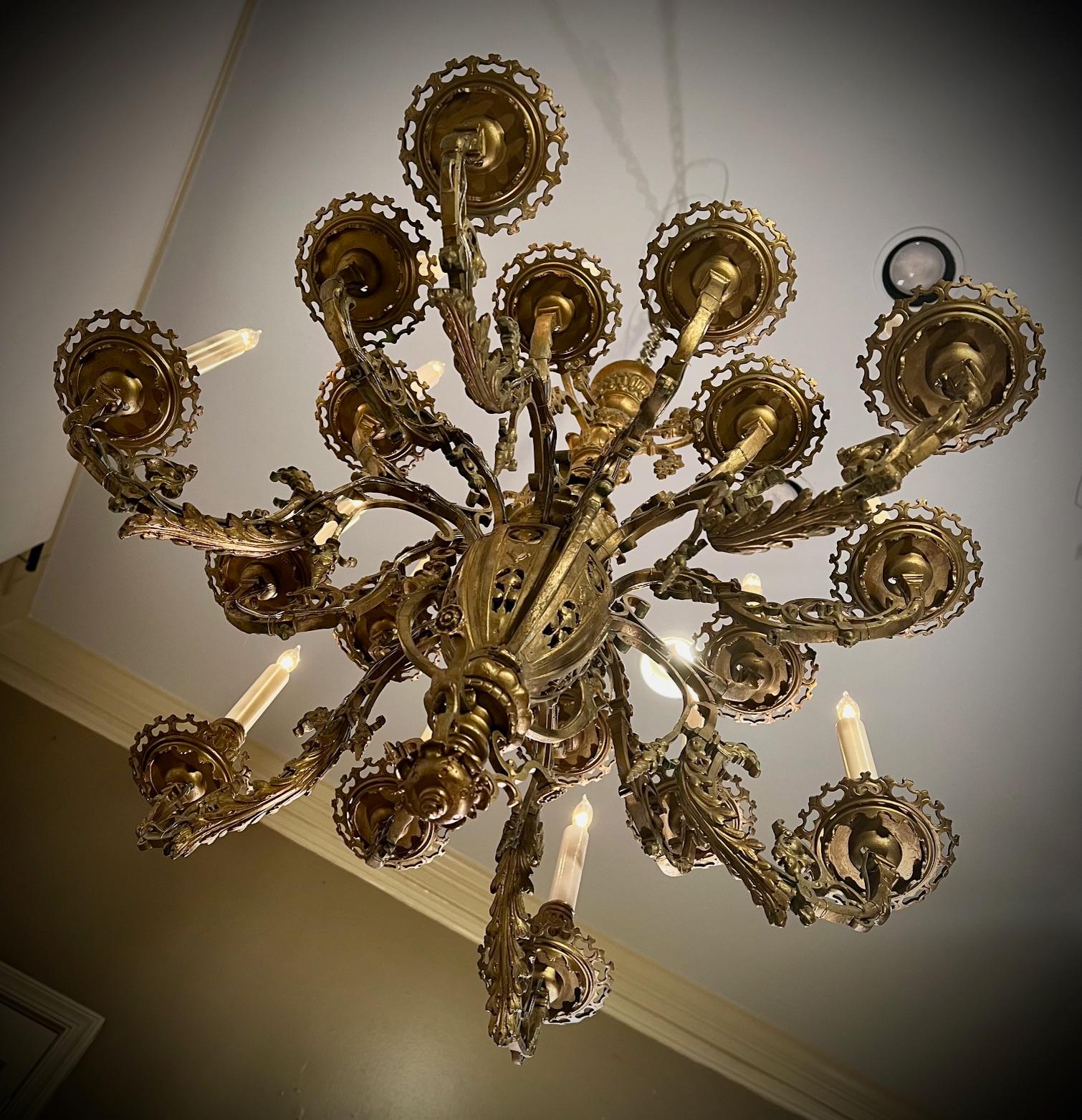 Gothic Revival Brass 18-Arm Chandelier, France, Circa:1880 6