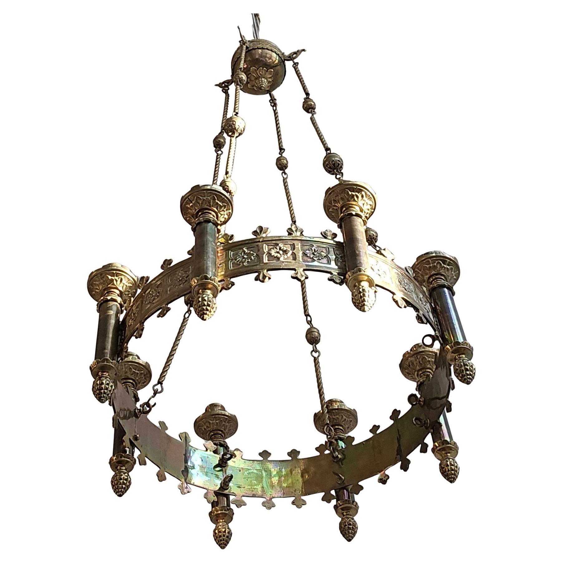 Gothic Revival Brass Church Sanctuary Lamp Candle Chandelier In Good Condition For Sale In Antwerp, BE