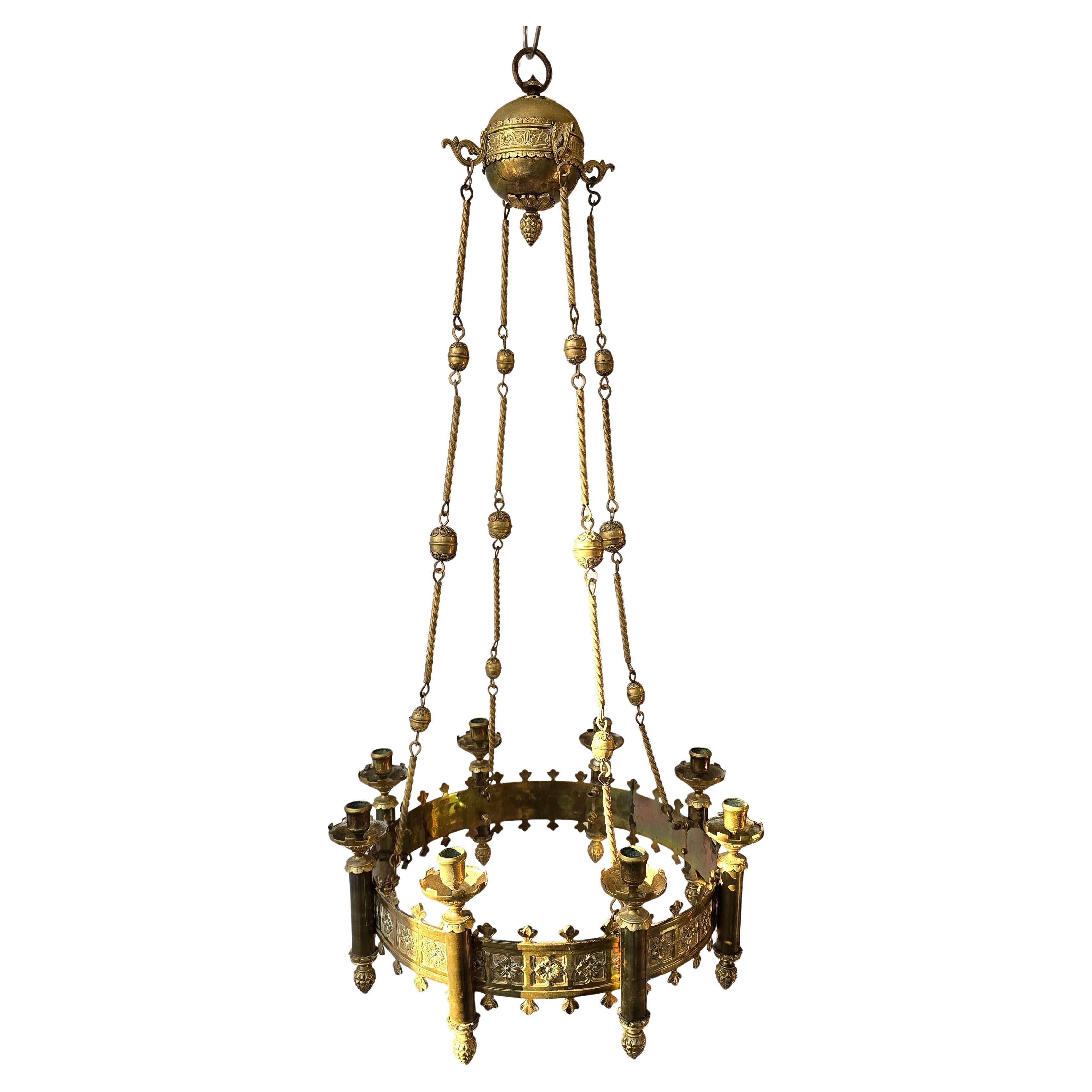19th Century Gothic Revival Brass Church Sanctuary Lamp Candle Chandelier For Sale