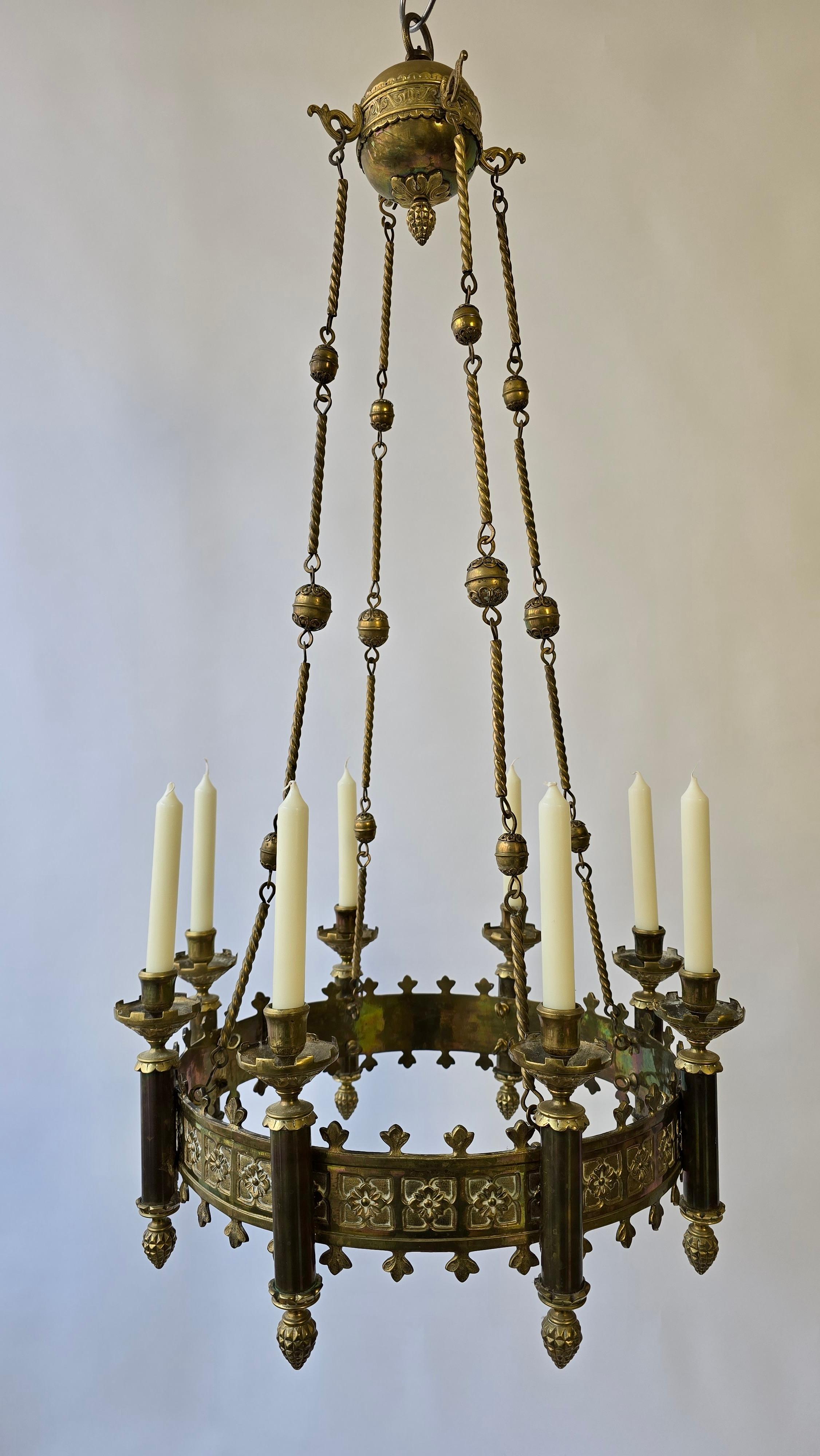 French Gothic Revival Brass Church Sanctuary Lamp Candle Chandelier For Sale