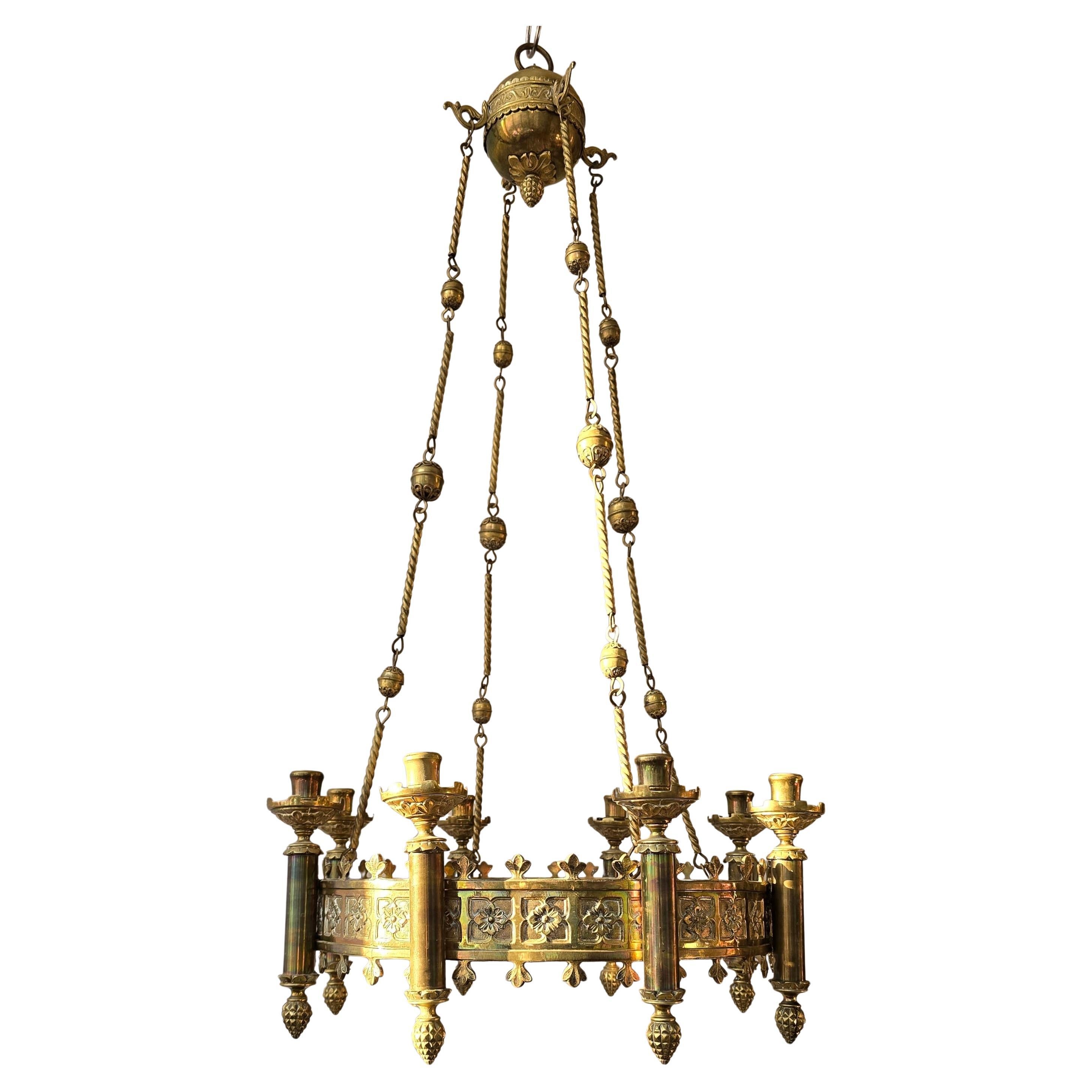 Gothic Revival Brass Church Sanctuary Lamp Candle Chandelier For Sale 1