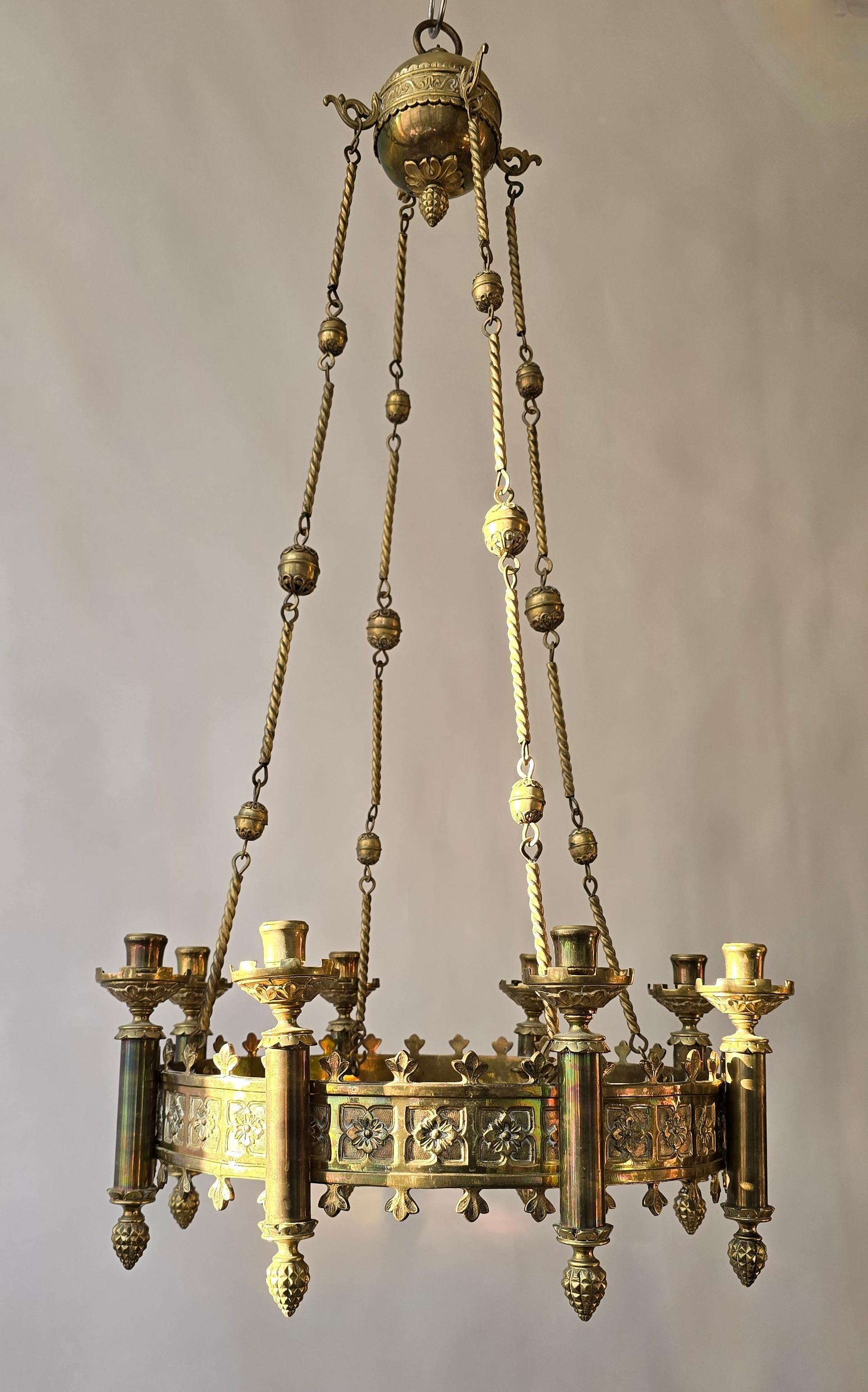Gothic Revival Brass Church Sanctuary Lamp Candle Chandelier For Sale 2