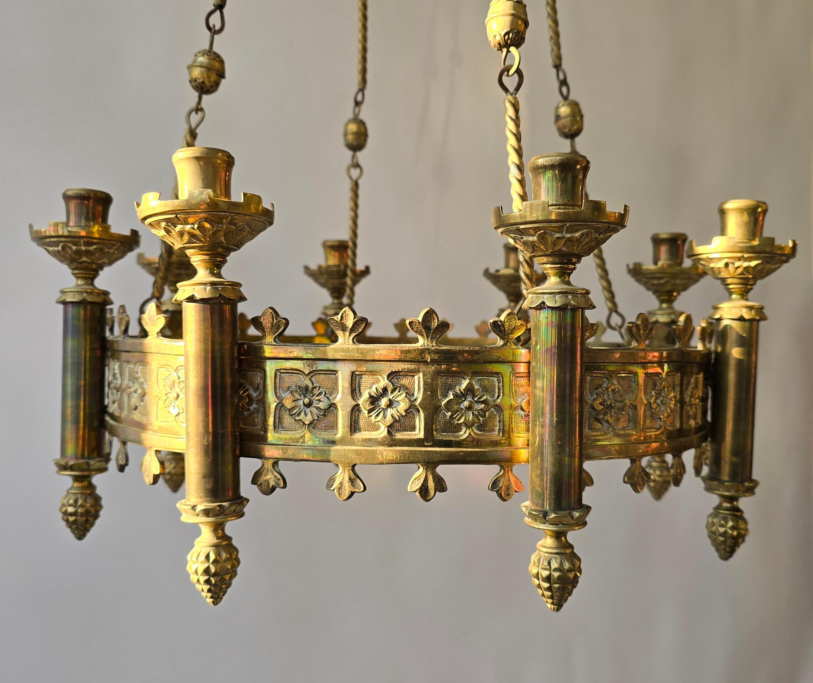 Gothic Revival Brass Church Sanctuary Lamp Candle Chandelier For Sale 3
