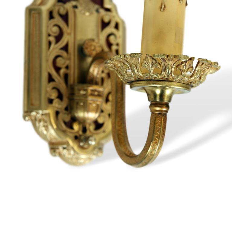 Gothic Revival Brass Wall Sconces, French Set of Four (4) In Good Condition In Banner Elk, NC