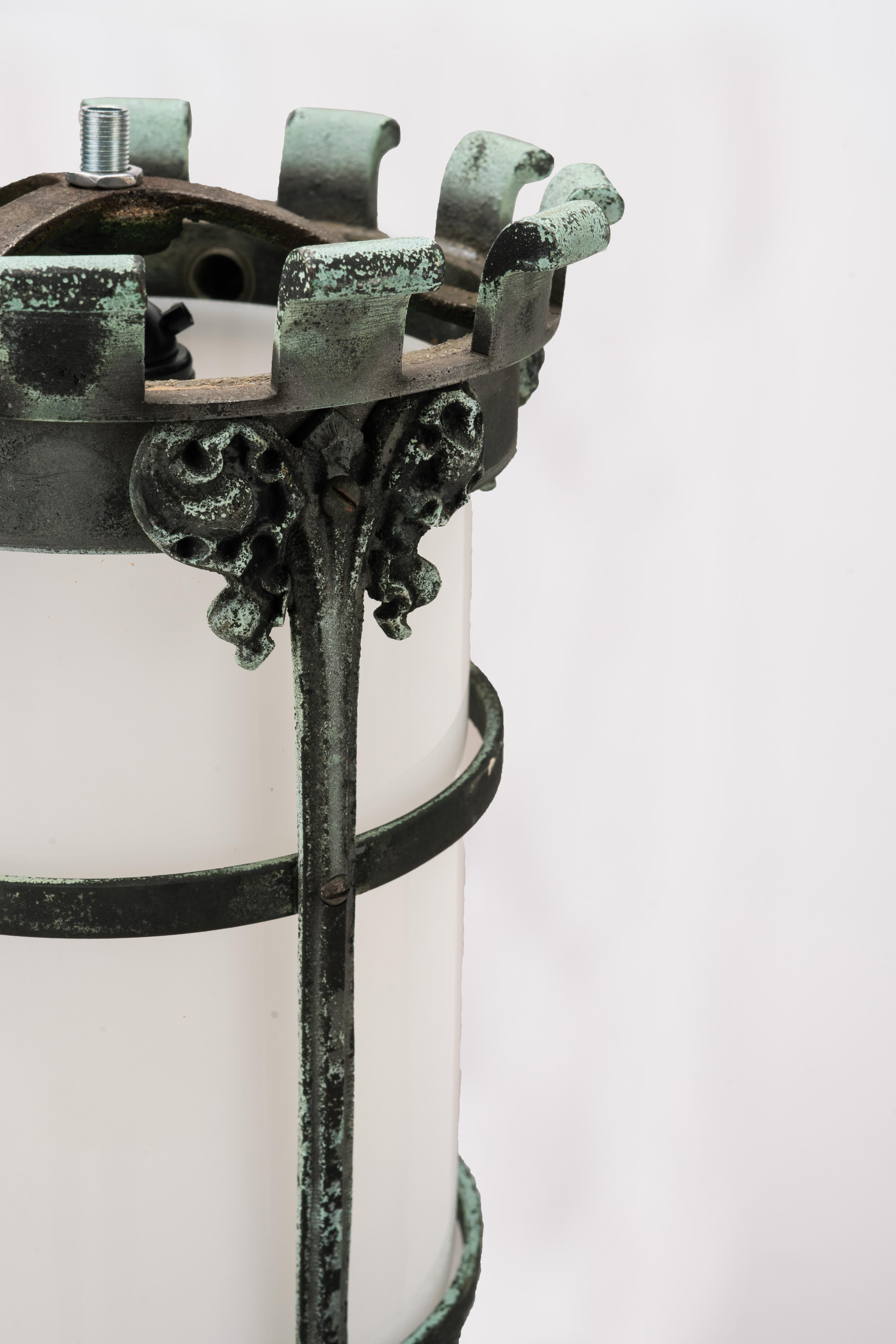 American Gothic Revival Bronze and Milk Glass Wall Sconce Pendant Light Fixture For Sale