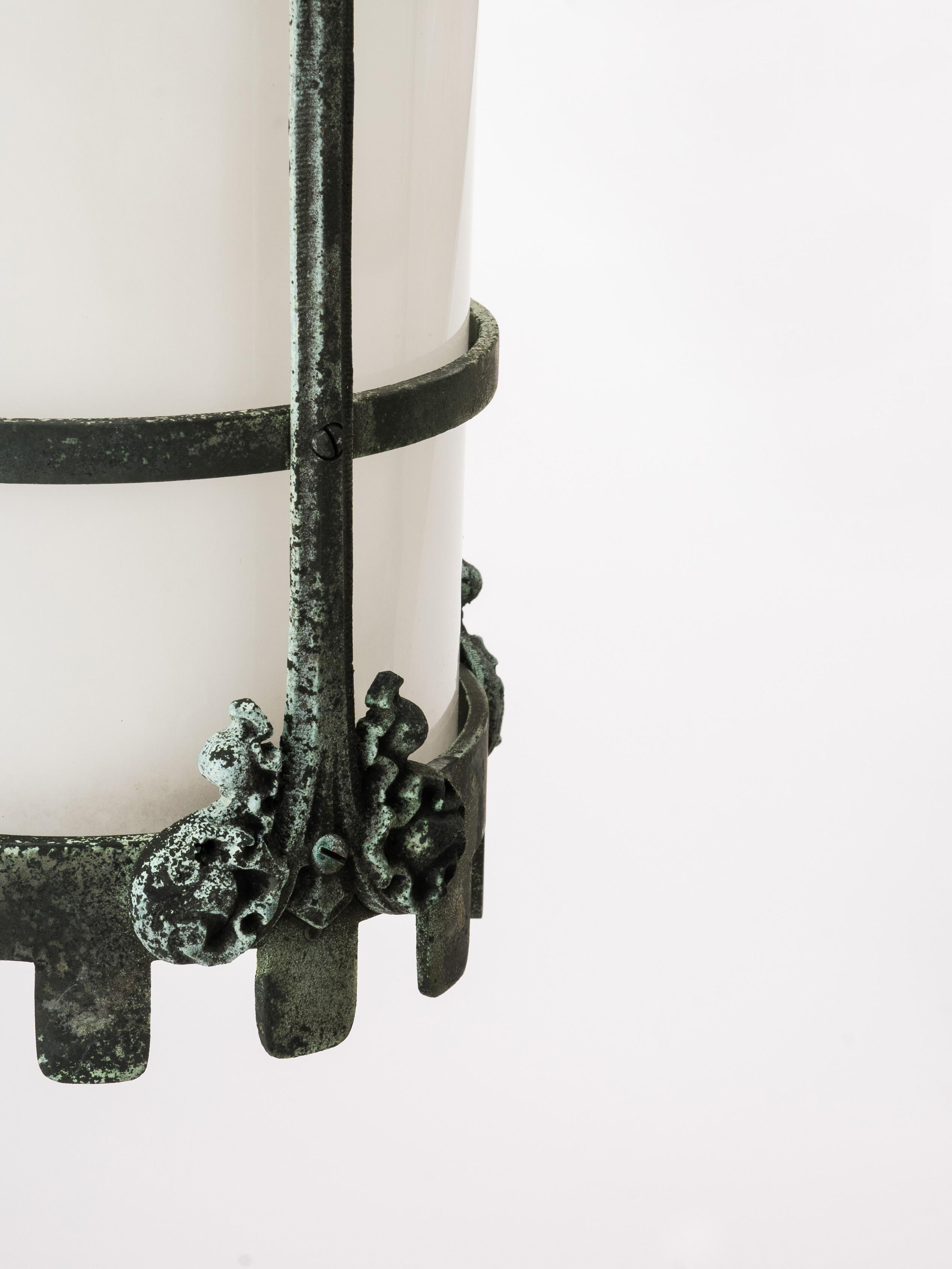 Cast Gothic Revival Bronze and Milk Glass Wall Sconce Pendant Light Fixture For Sale