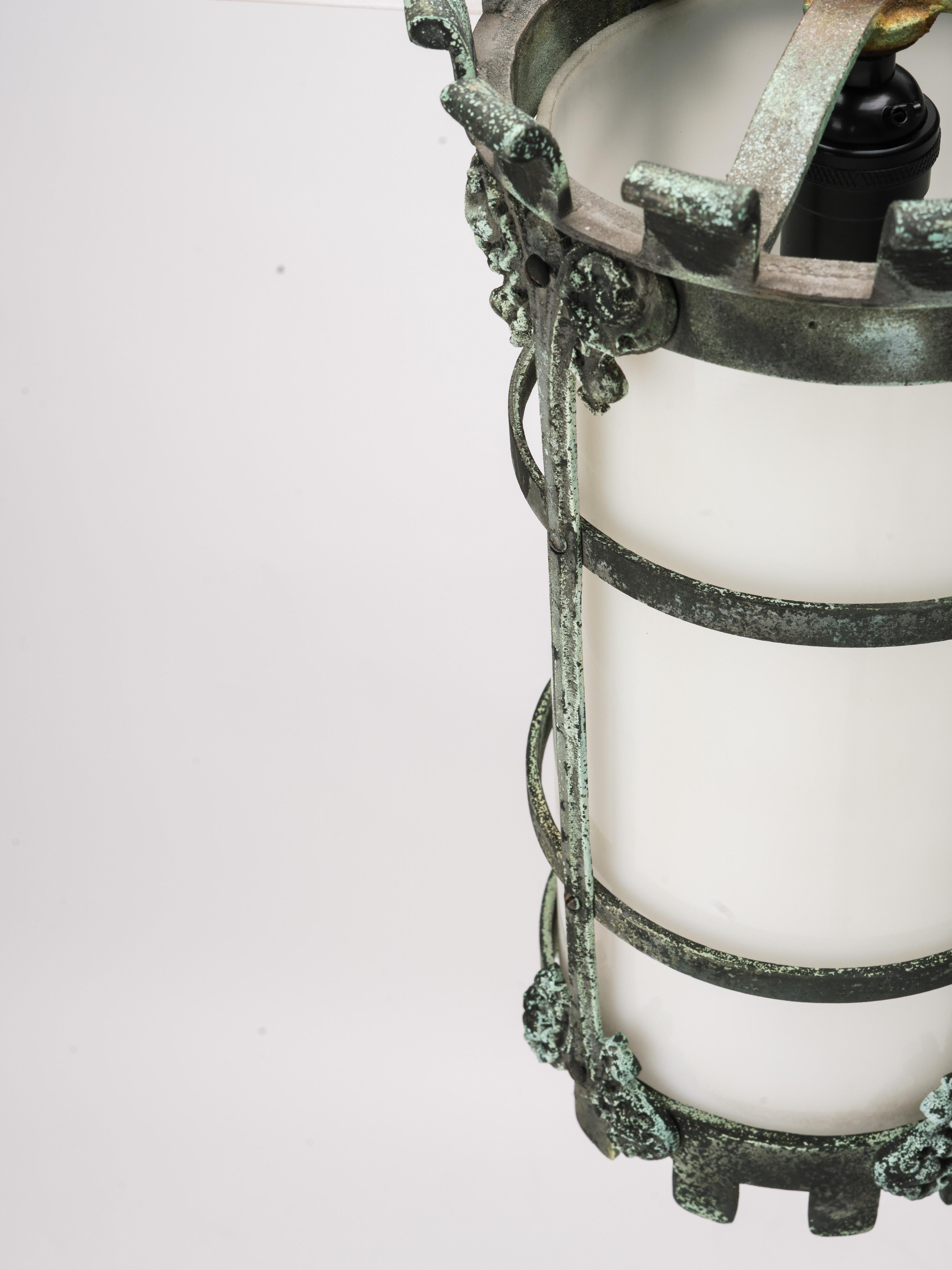 Gothic Revival Bronze and Milk Glass Wall Sconce Pendant Light Fixture In Good Condition For Sale In Fort Collins, CO