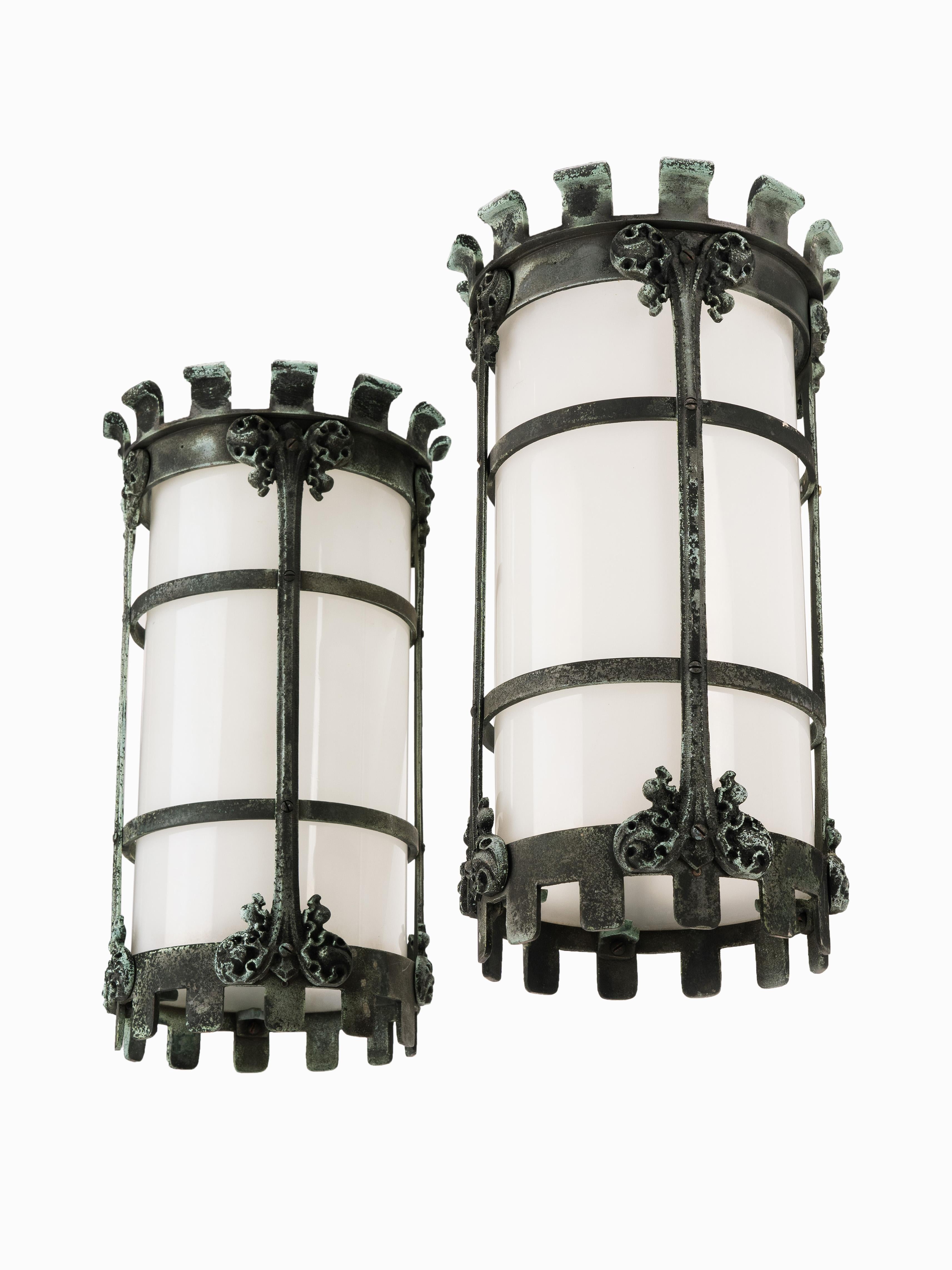 20th Century Gothic Revival Bronze and Milk Glass Wall Sconce Pendant Light Fixture For Sale