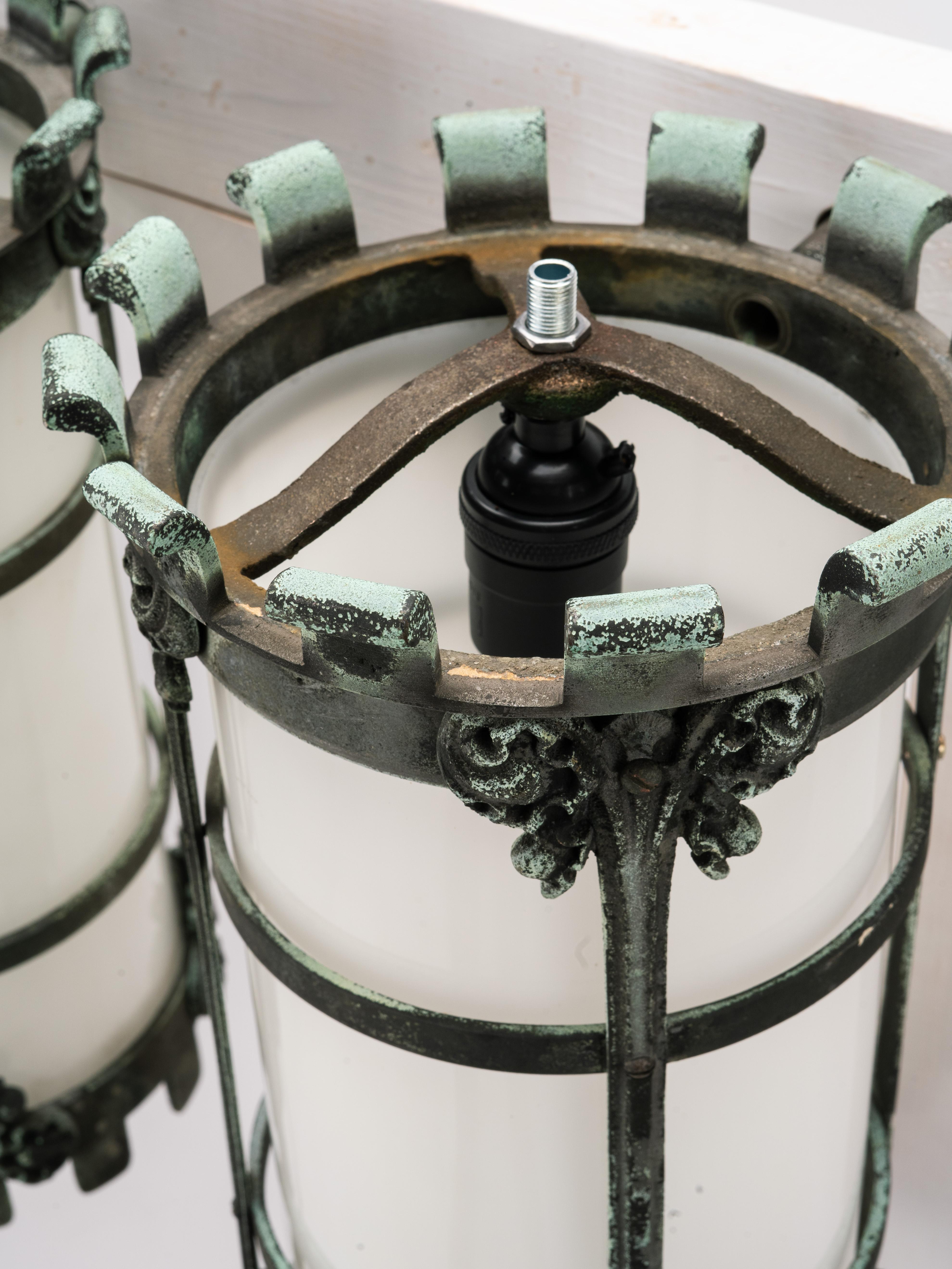 Gothic Revival Bronze and Milk Glass Wall Sconce Pendant Light Fixture For Sale 1