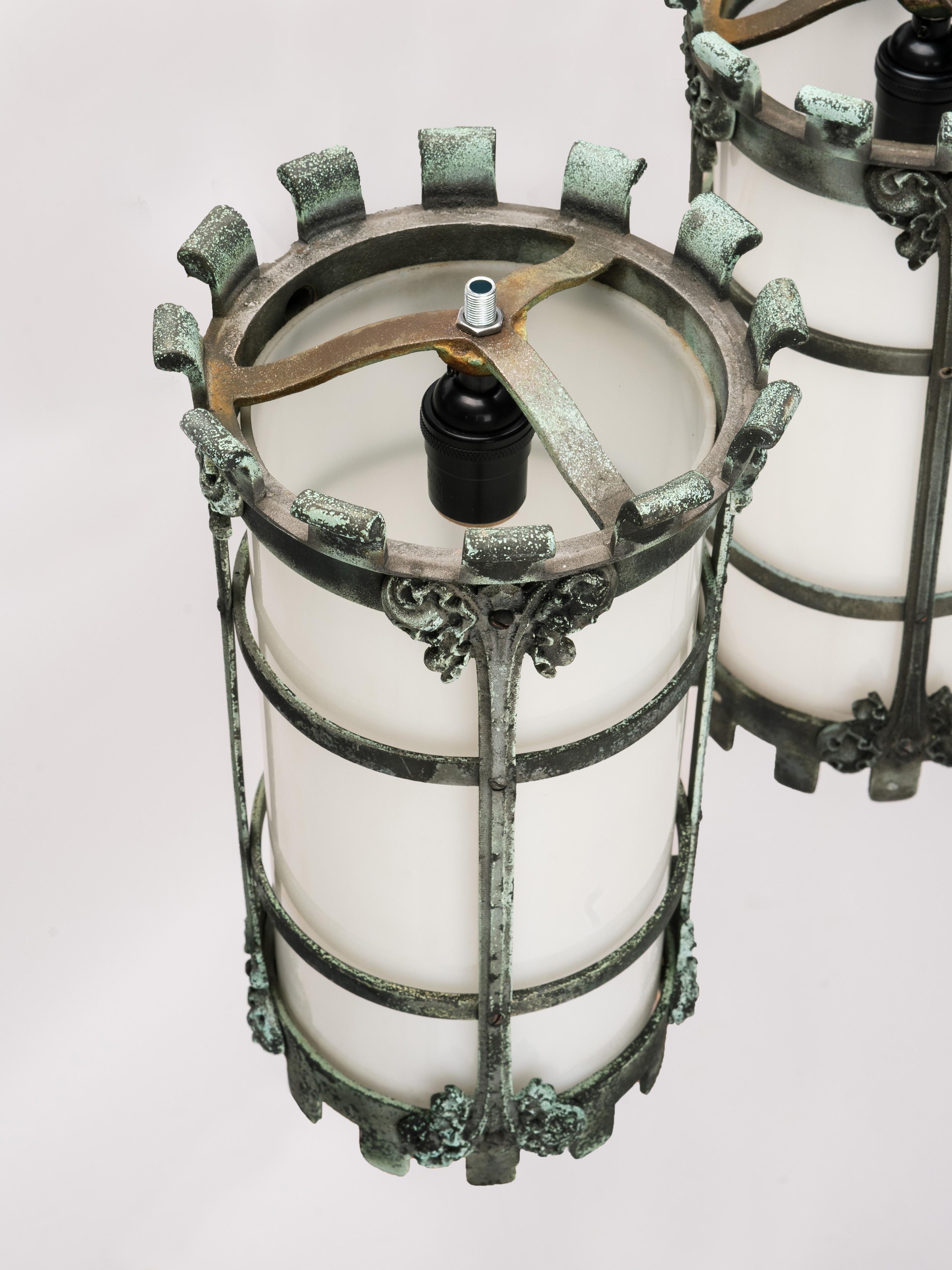Gothic Revival Bronze and Milk Glass Wall Sconce Pendant Light Fixture For Sale 2