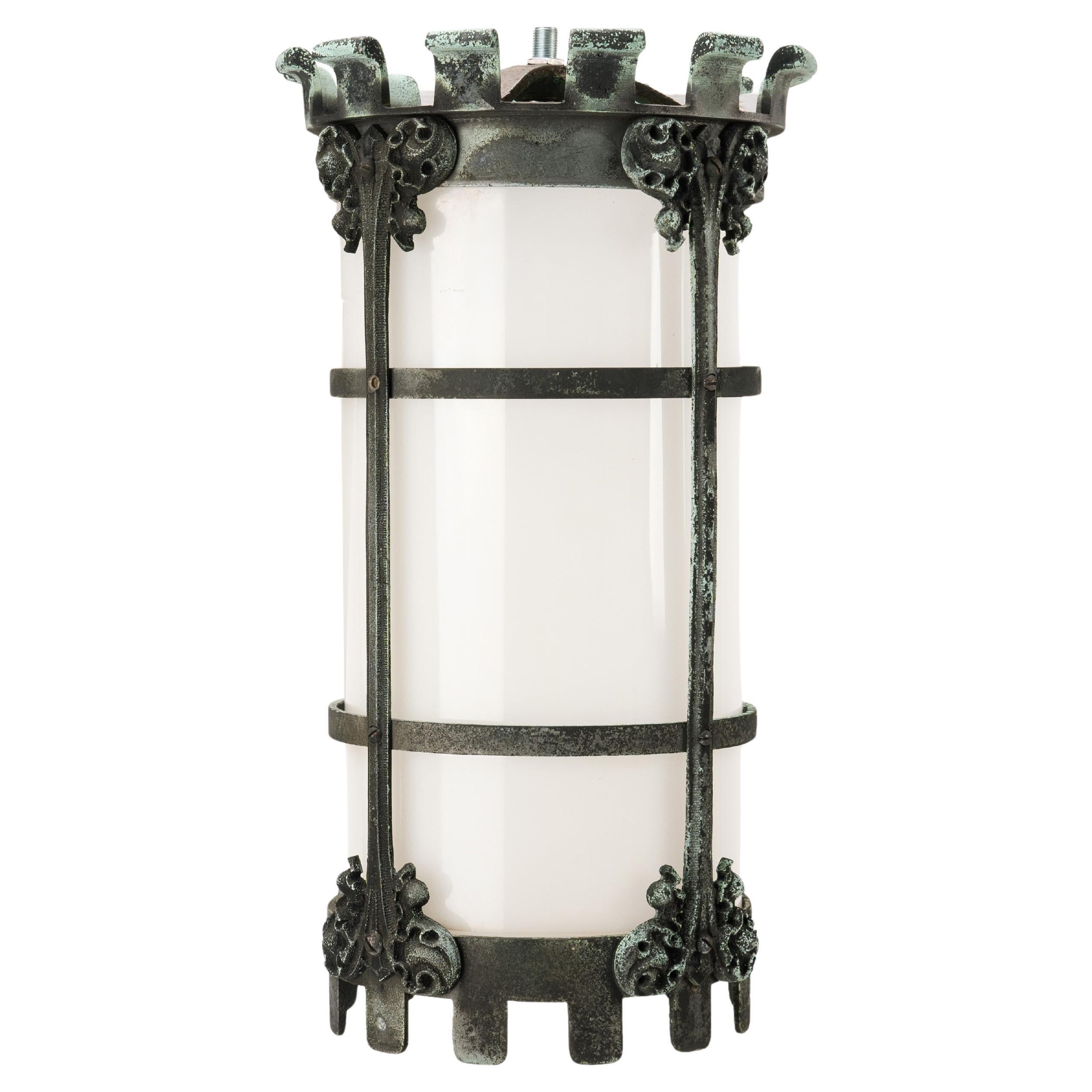 Gothic Revival Bronze and Milk Glass Wall Sconce Pendant Light Fixture