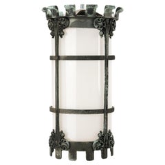 Used Gothic Revival Bronze and Milk Glass Wall Sconce Pendant Light Fixture