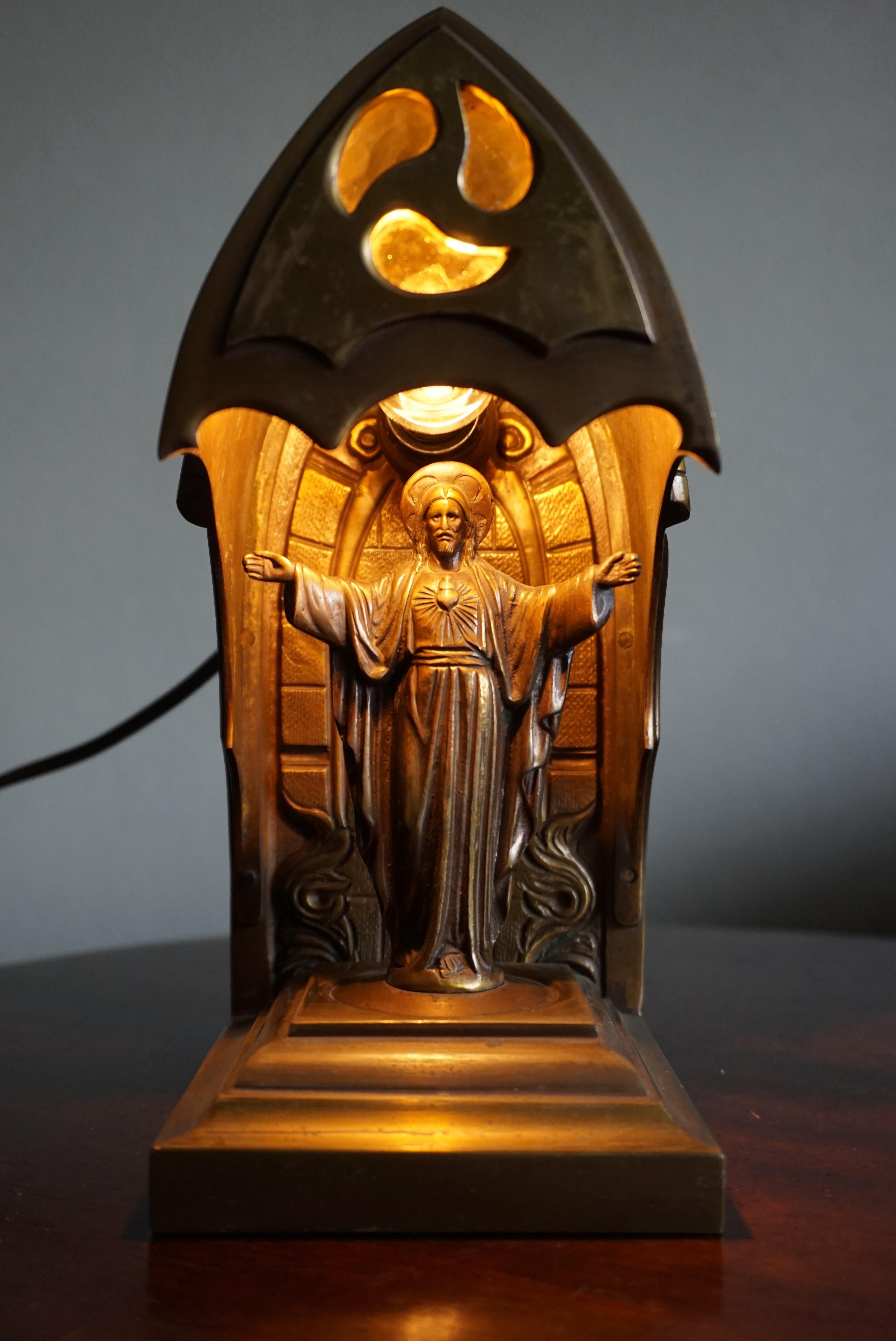 Gothic Revival Bronze & Cathedral Glass Chapel Table Lamp with Christ Sculpture 11