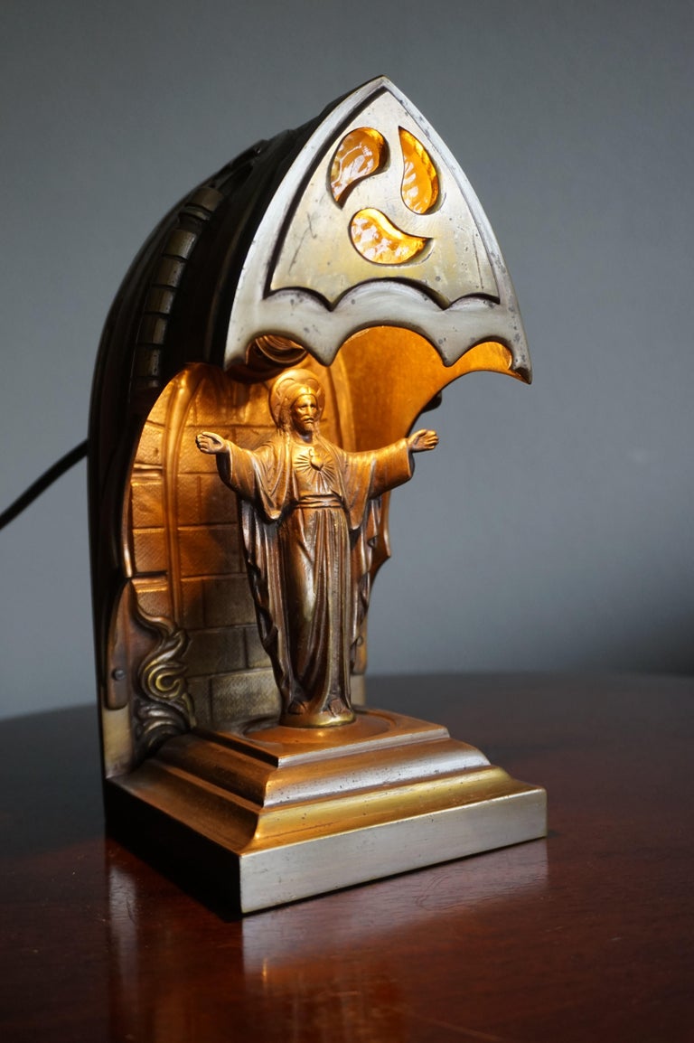 Gothic Revival Bronze and Cathedral Glass Chapel Table Lamp with Christ