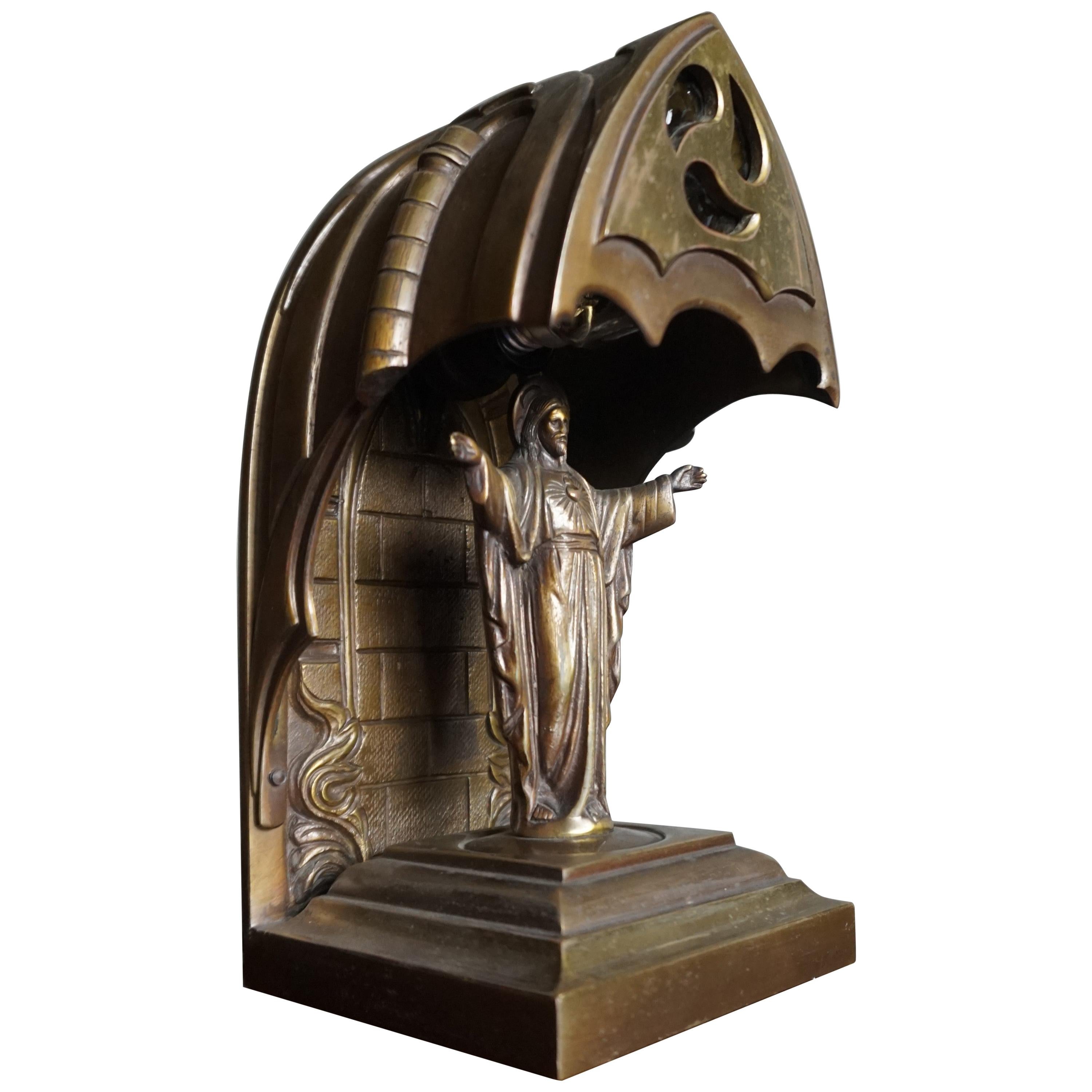 Gothic Revival Bronze & Cathedral Glass Chapel Table Lamp with Christ Sculpture