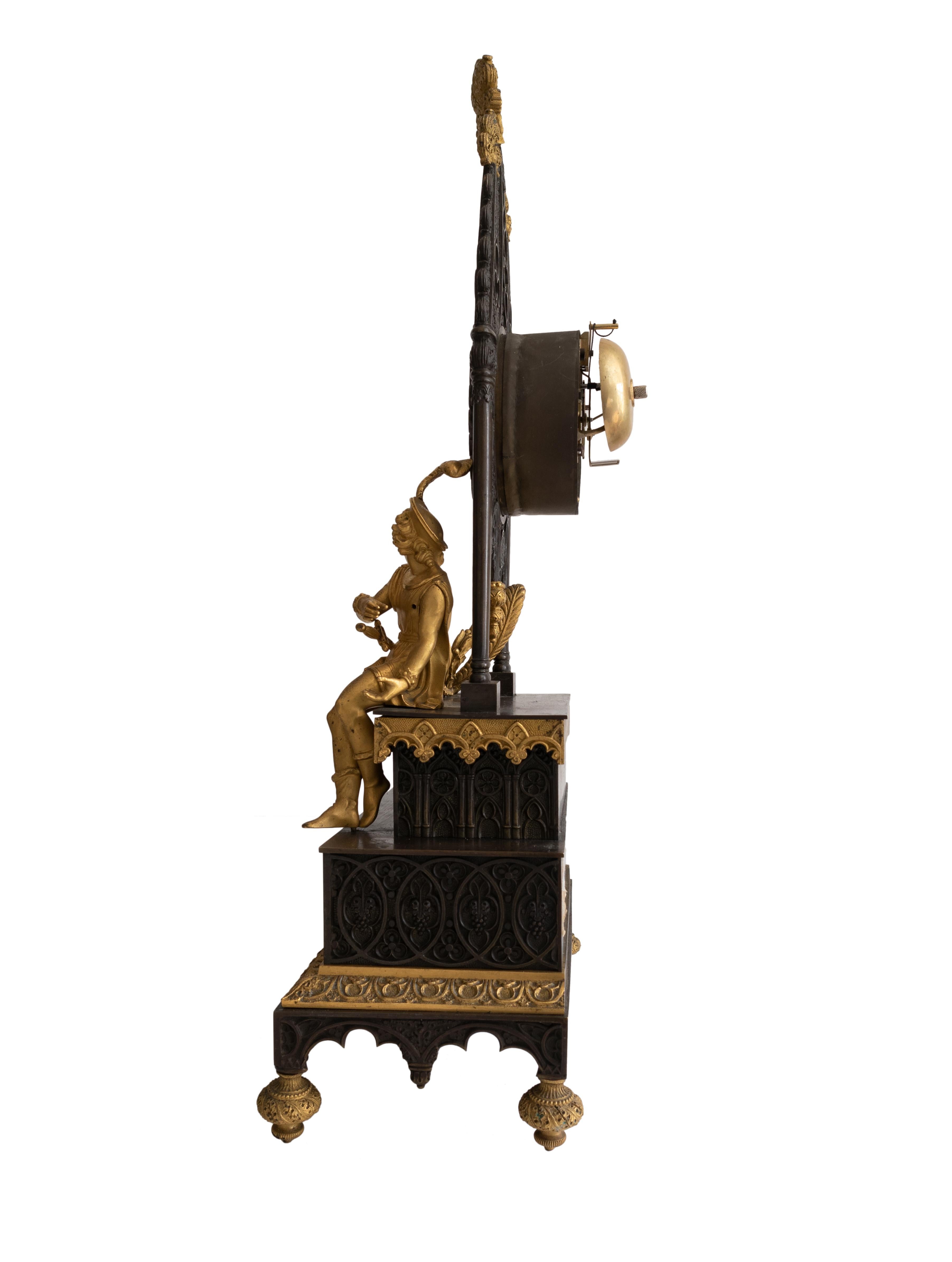 Biedermeier Gothic Revival Bronze Cathedral Mantel Clock, 19th Century For Sale