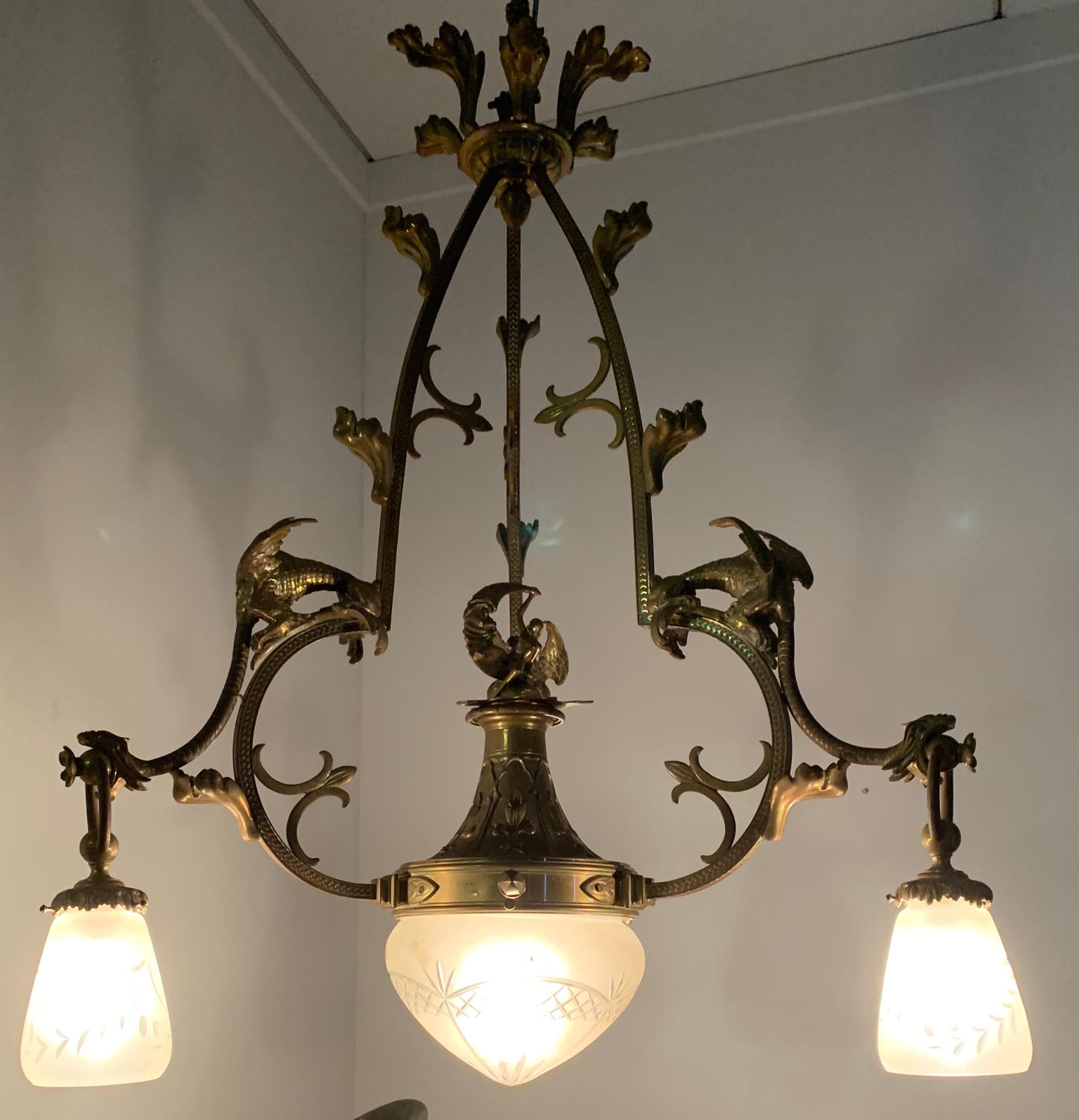 Gothic Revival Bronze Chandelier/ Pendant with Dragon Sculptures, A. Bastet Lyon For Sale 3