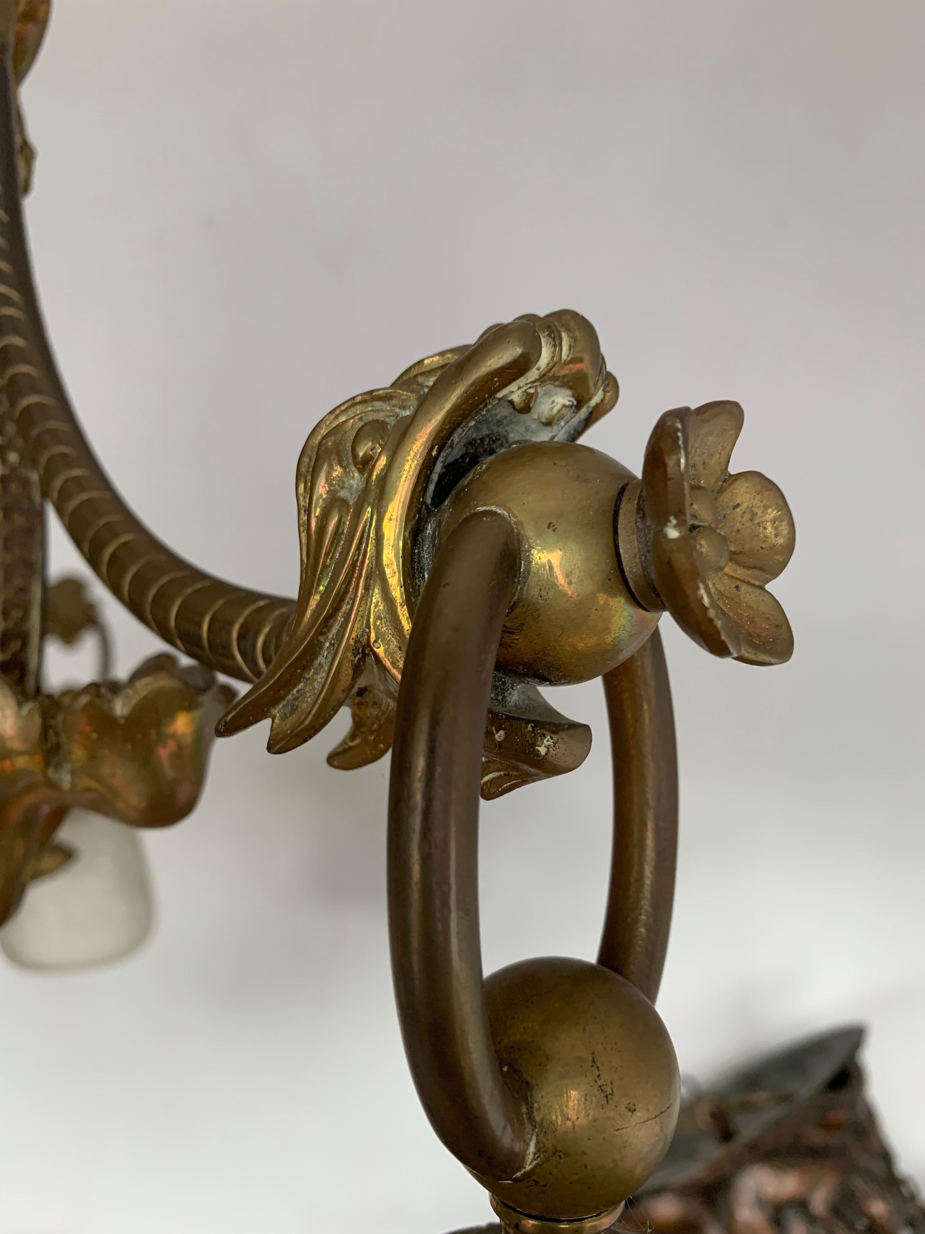 Gothic Revival Bronze Chandelier/ Pendant with Dragon Sculptures, A. Bastet Lyon For Sale 4