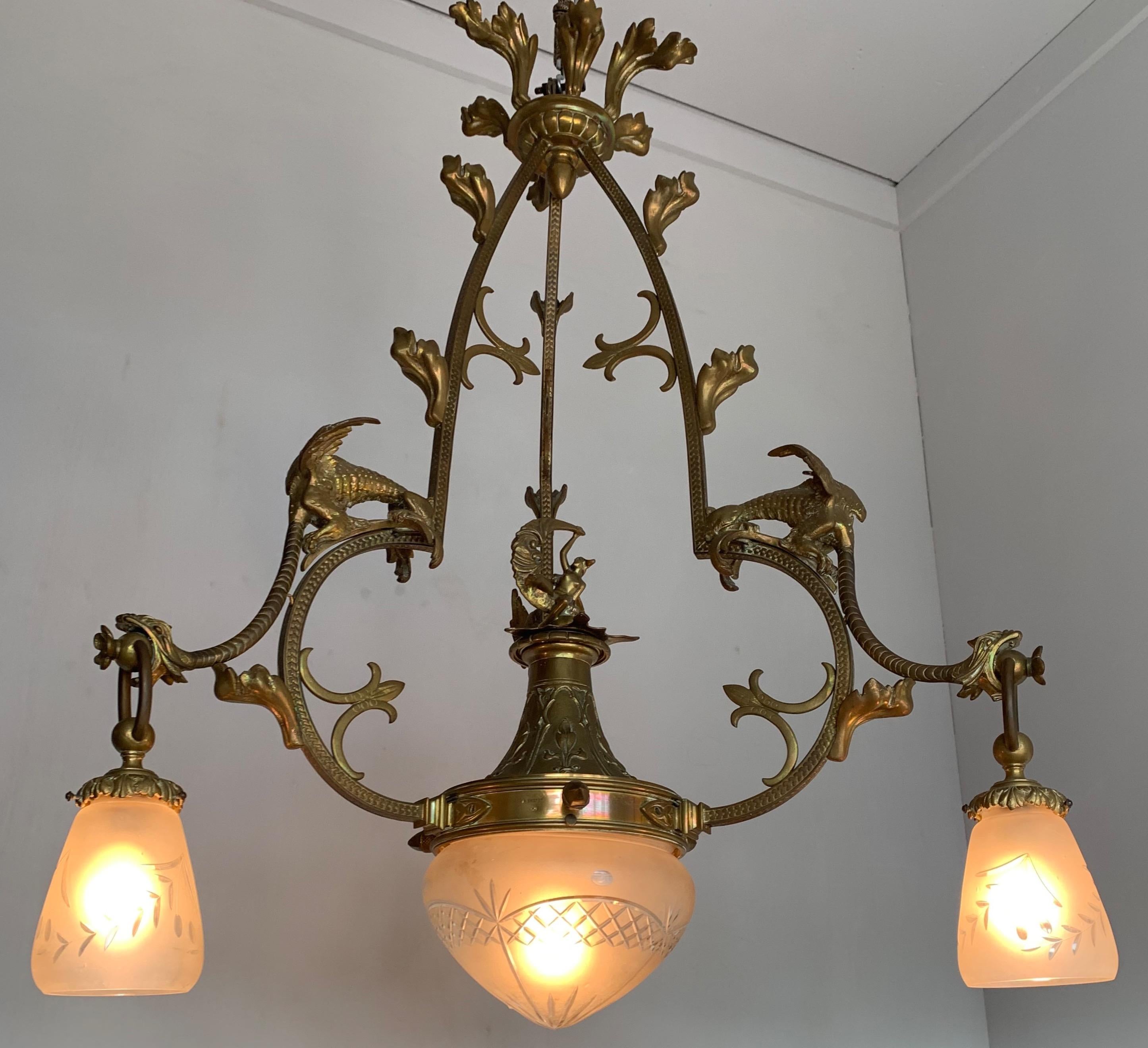 Gothic Revival Bronze Chandelier/ Pendant with Dragon Sculptures, A. Bastet Lyon For Sale 9