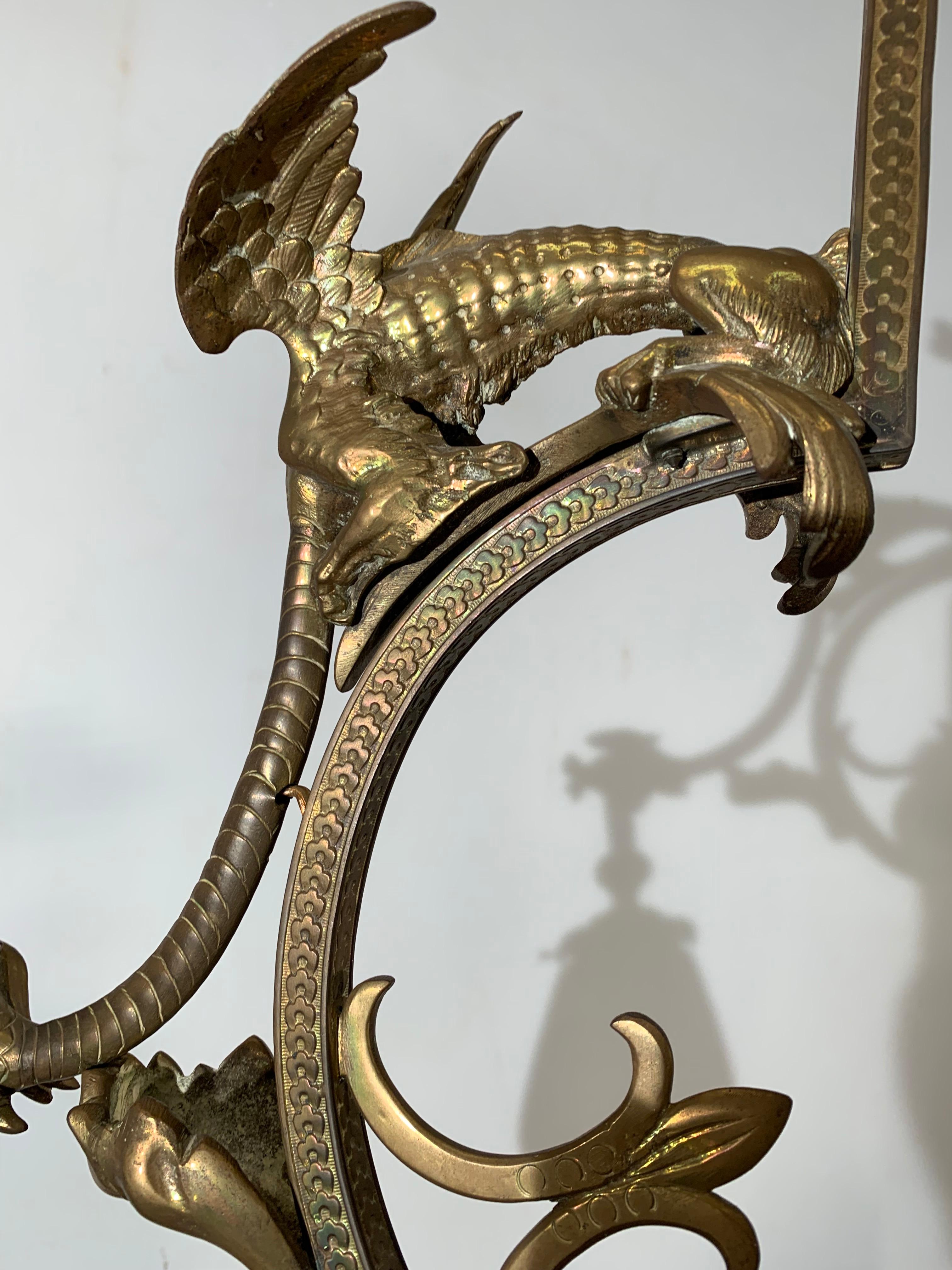 French Gothic Revival Bronze Chandelier/ Pendant with Dragon Sculptures, A. Bastet Lyon For Sale