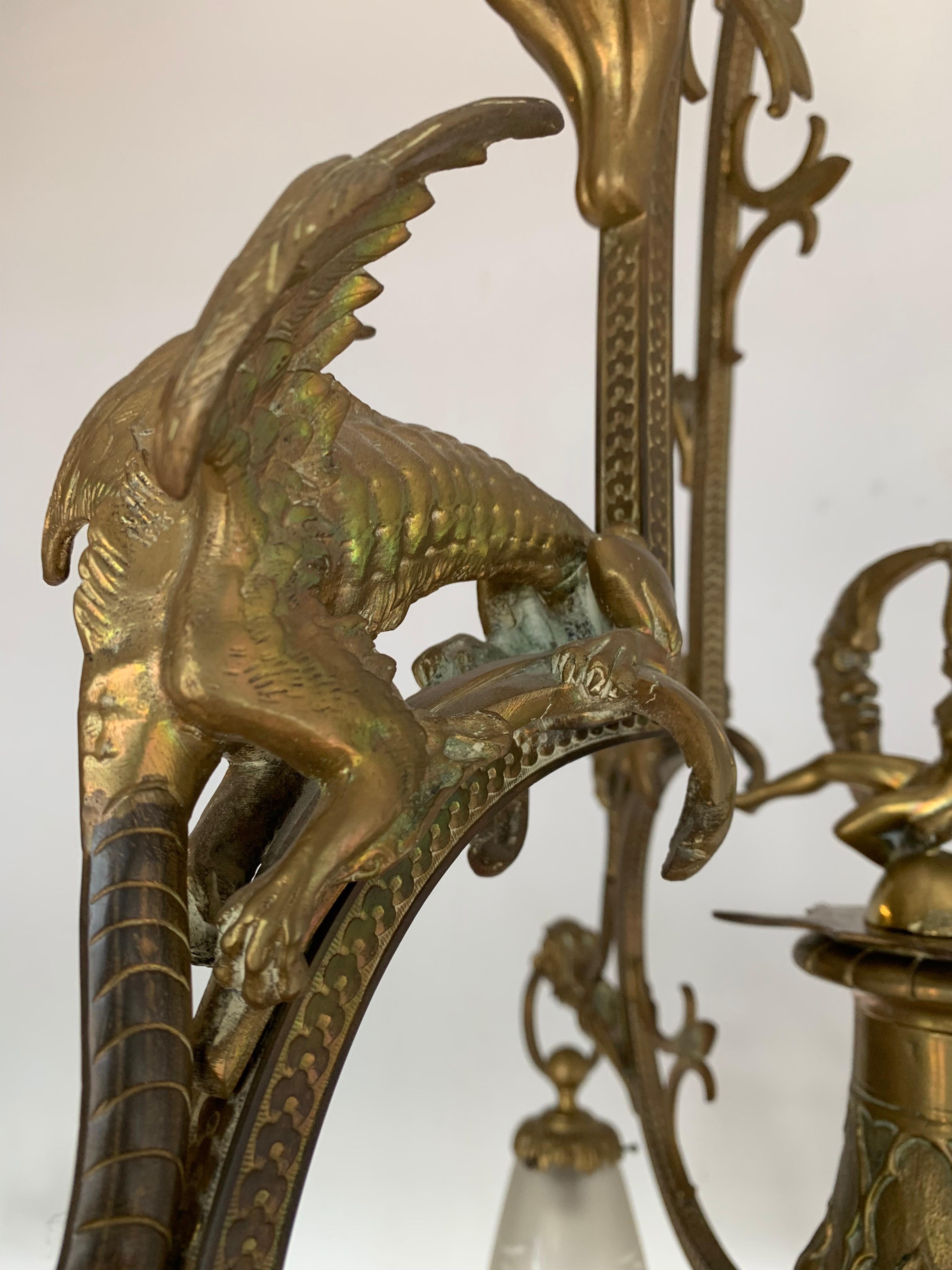 Hand-Crafted Gothic Revival Bronze Chandelier/ Pendant with Dragon Sculptures, A. Bastet Lyon For Sale