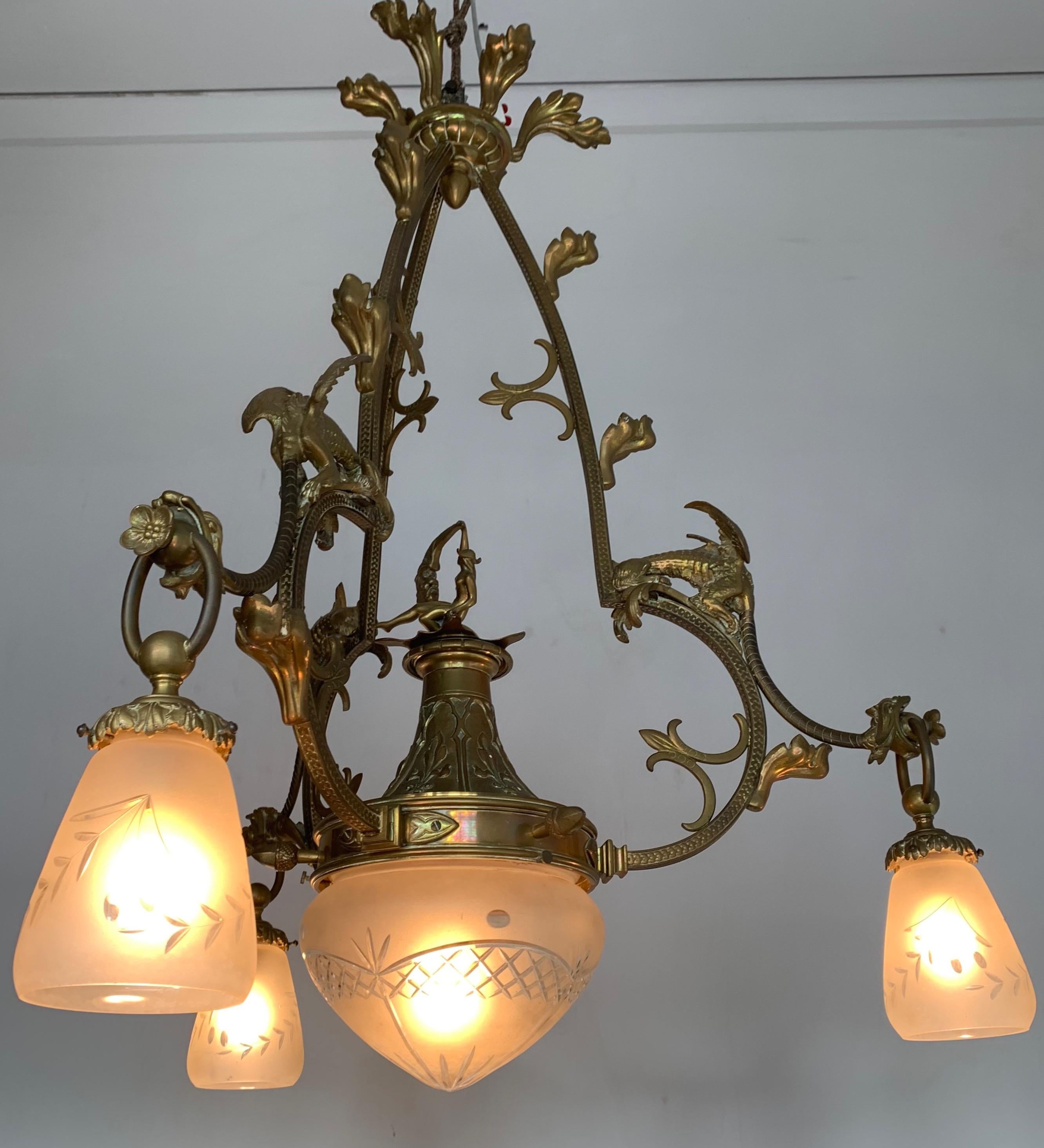 Hand-Crafted Gothic Revival Bronze Chandelier/ Pendant with Dragon Sculptures, A. Bastet Lyon For Sale