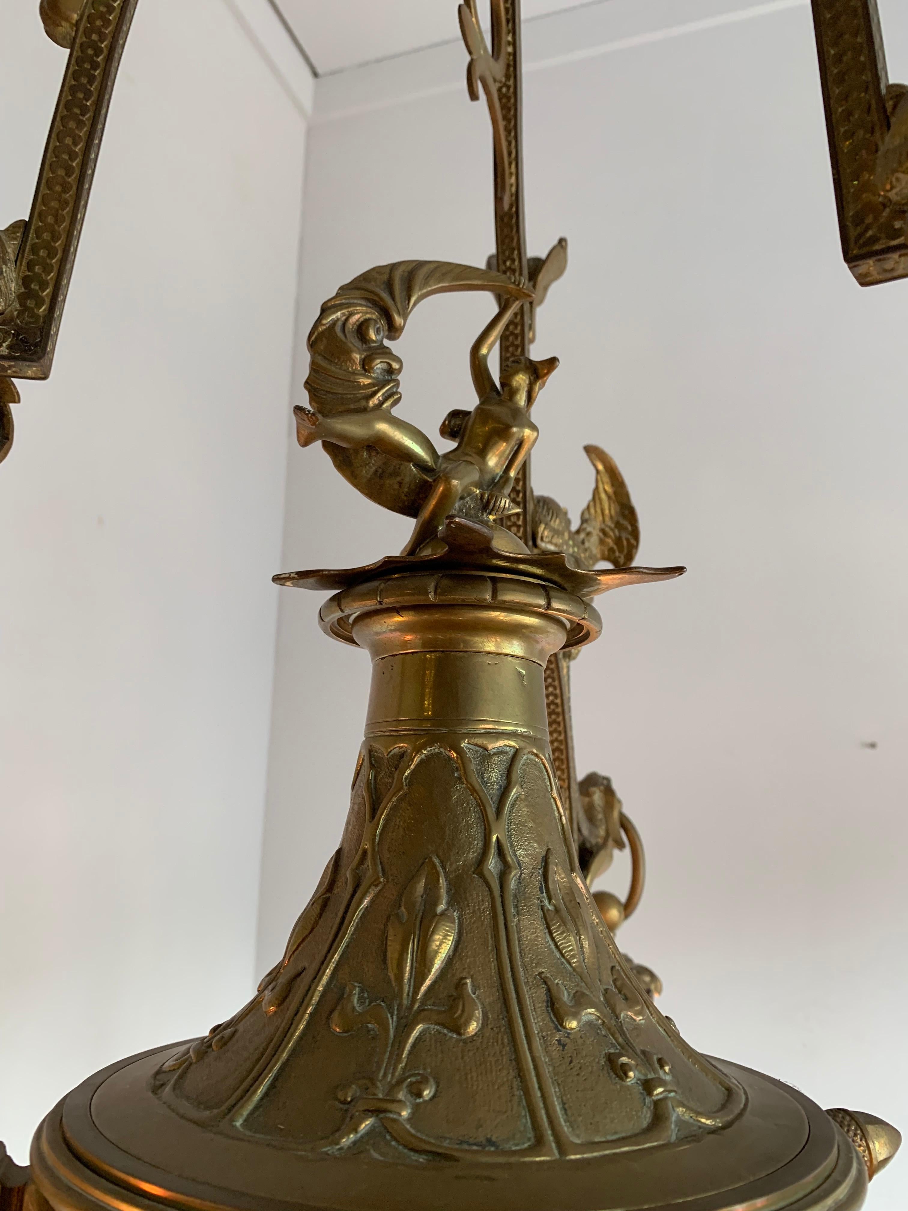 Gothic Revival Bronze Chandelier/ Pendant with Dragon Sculptures, A. Bastet Lyon In Excellent Condition For Sale In Lisse, NL