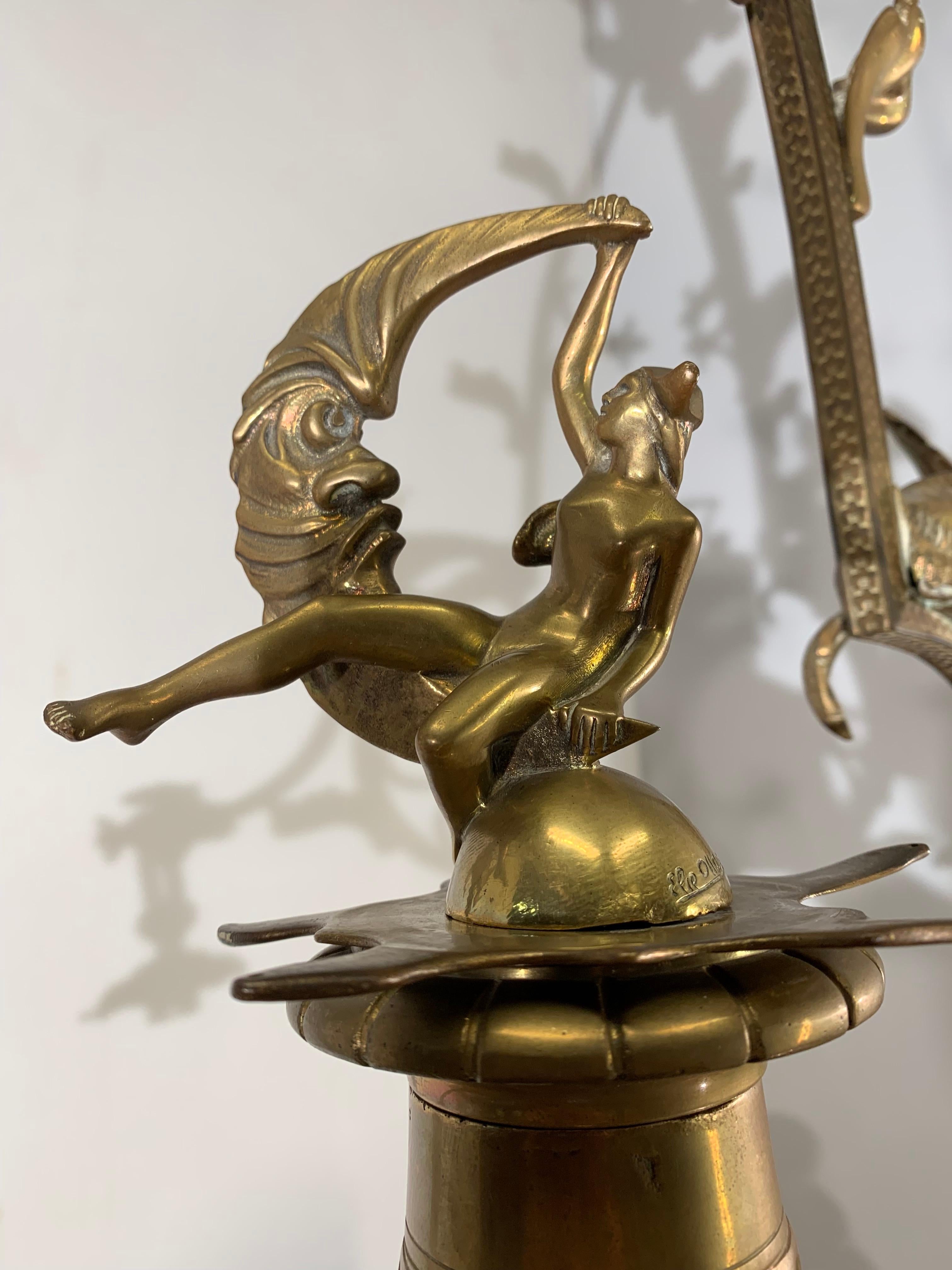 20th Century Gothic Revival Bronze Chandelier/ Pendant with Dragon Sculptures, A. Bastet Lyon For Sale